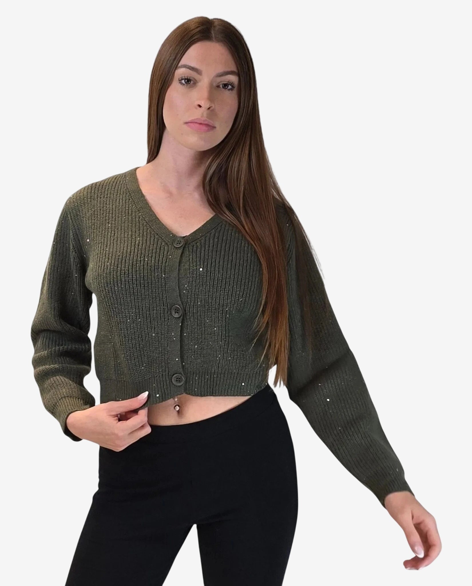 A woman wears a cropped olive green cardigan with a ribbed texture and subtle sequin accents.