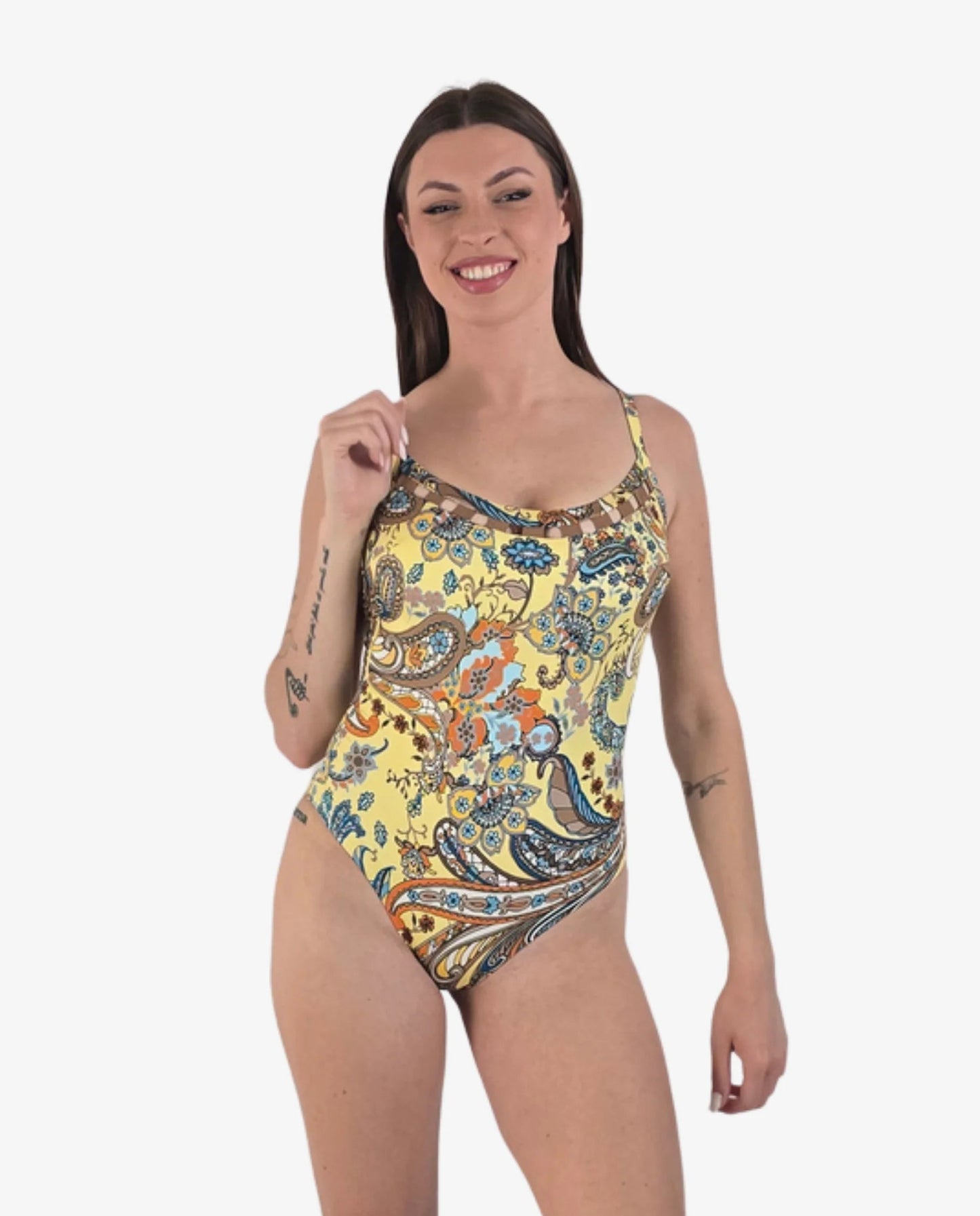 Costume Intero Stampa Paisley Giallo con Schiena Aperta