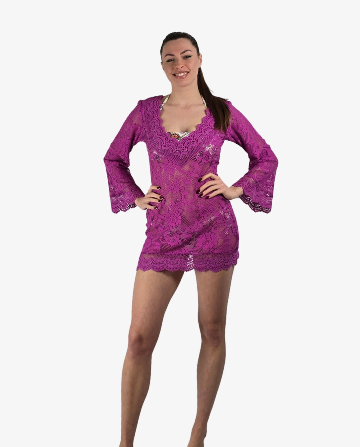 Abito Corto Pizzo Fucsia Turchese Marrone