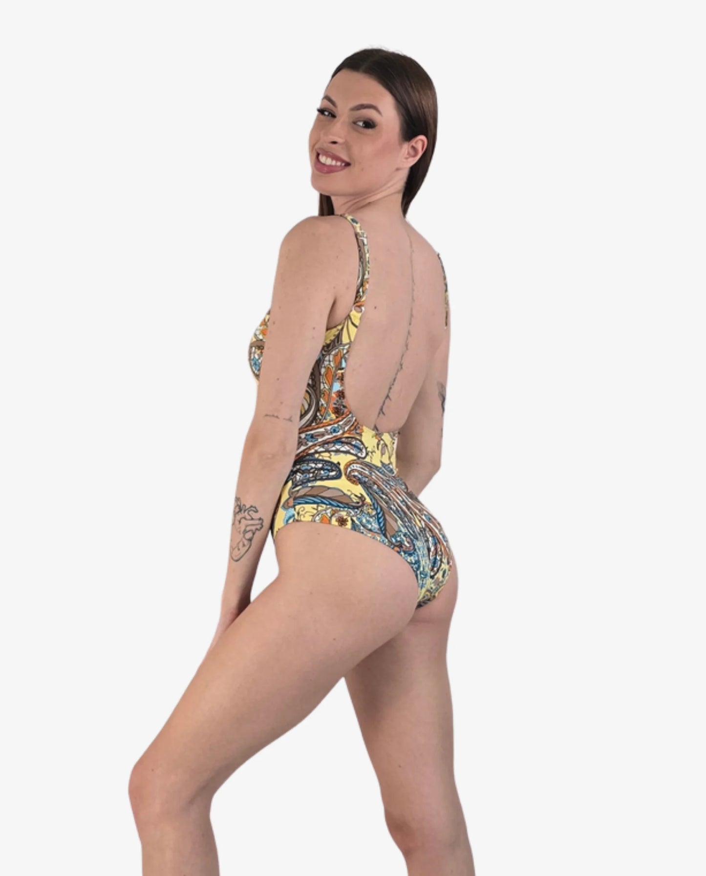 Costume Intero Stampa Paisley Giallo con Schiena Aperta