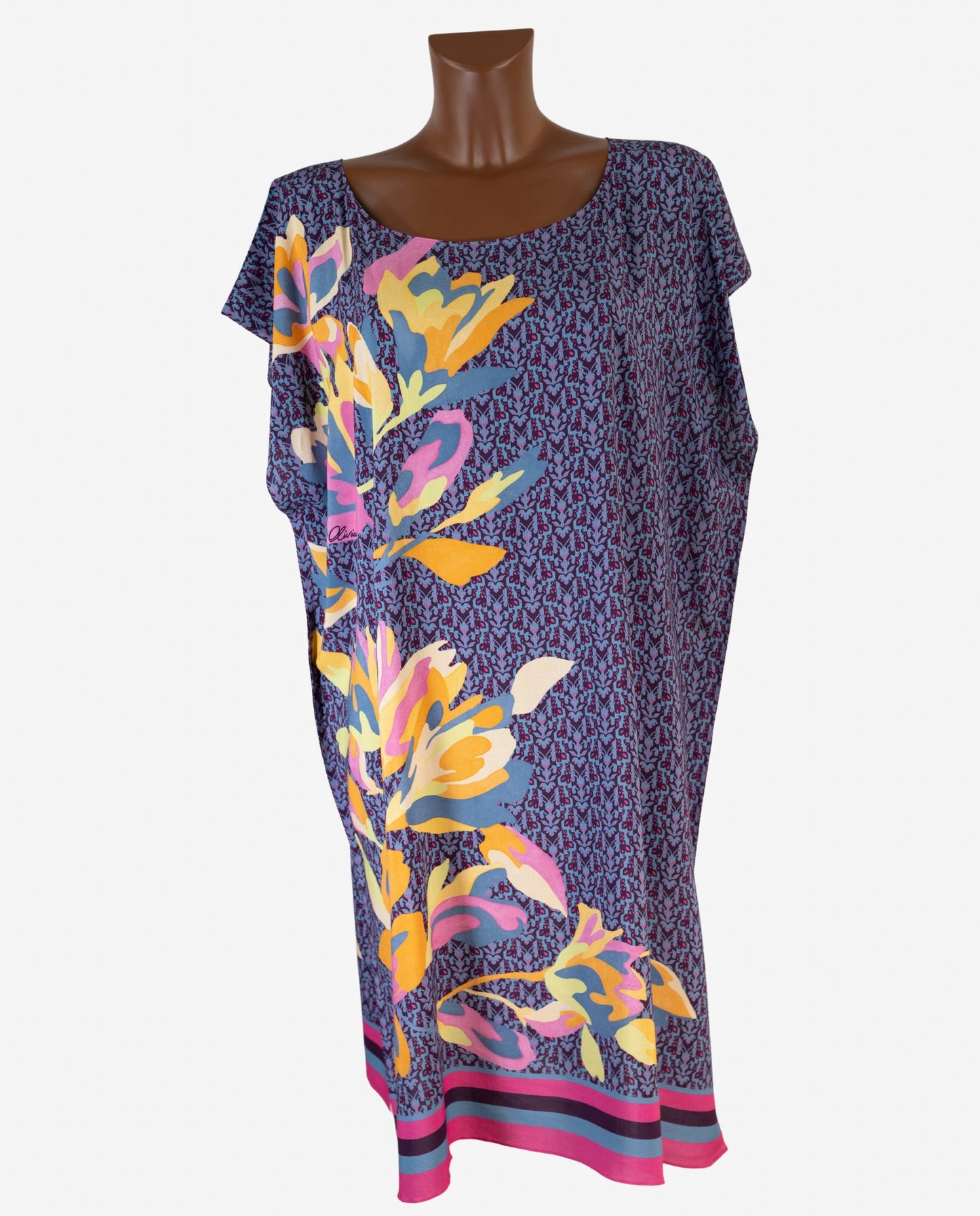 Caftano Corto Fantasia Floreale Tropicale Micro Denim — Olivia Gold