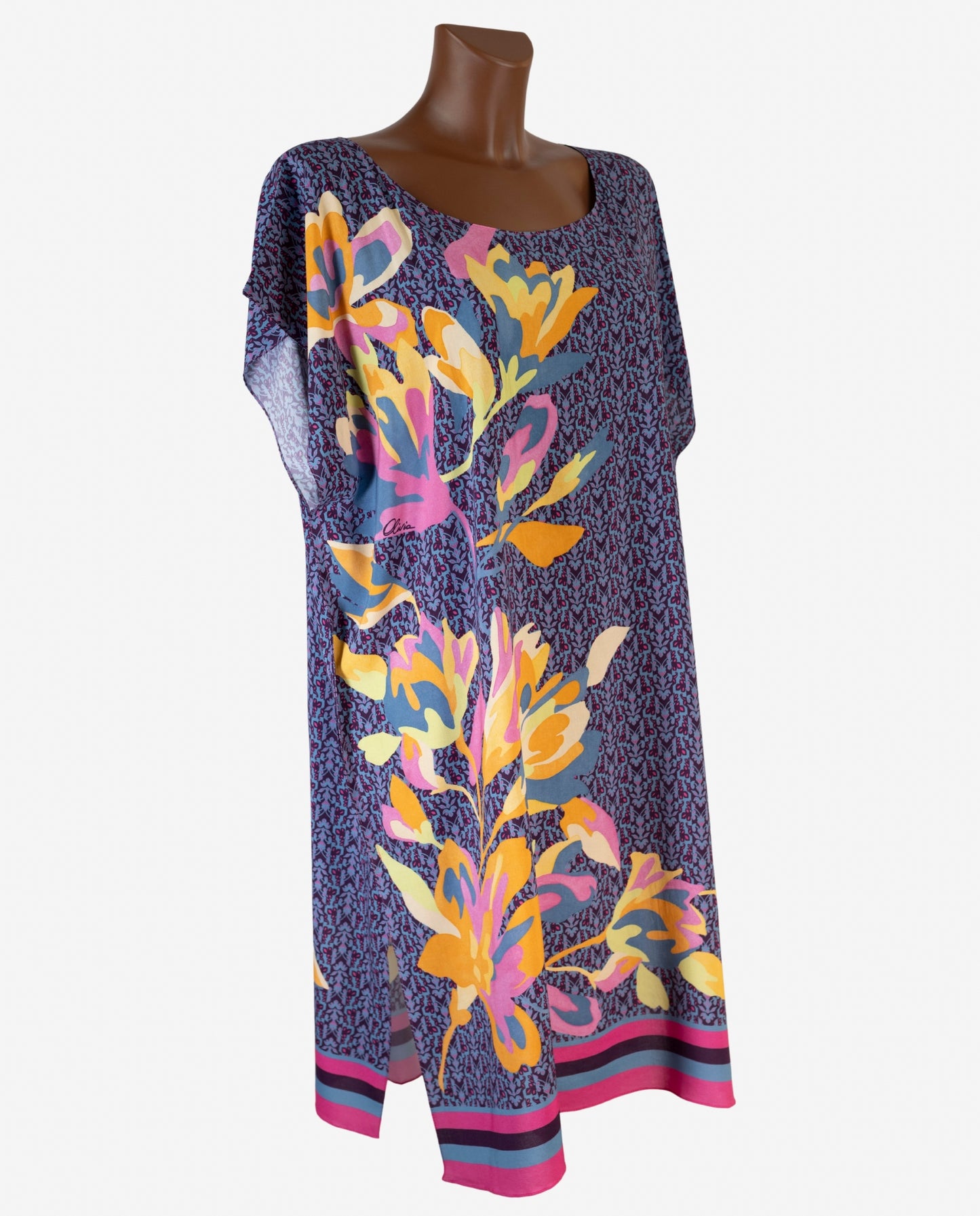 Caftano Corto Fantasia Floreale Tropicale Micro Denim — Olivia Gold