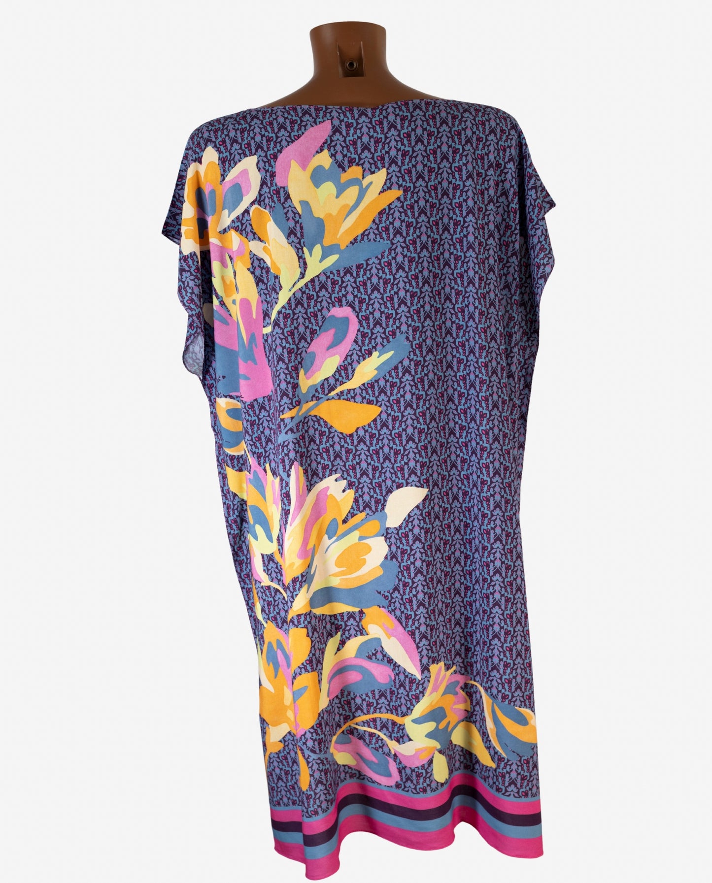 Caftano Corto Fantasia Floreale Tropicale Micro Denim — Olivia Gold