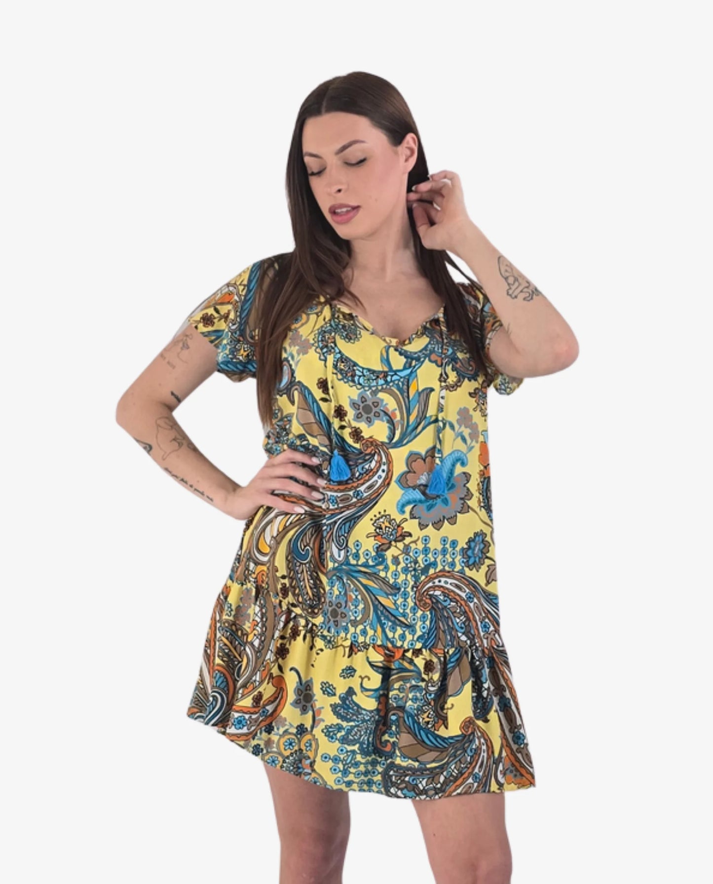 Vestitino Corto Stampa Paisley Giallo con Volant – Marette