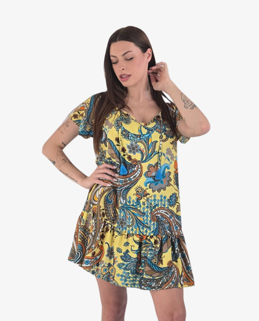 Vestitino Corto Stampa Paisley Giallo con Volant – Marette