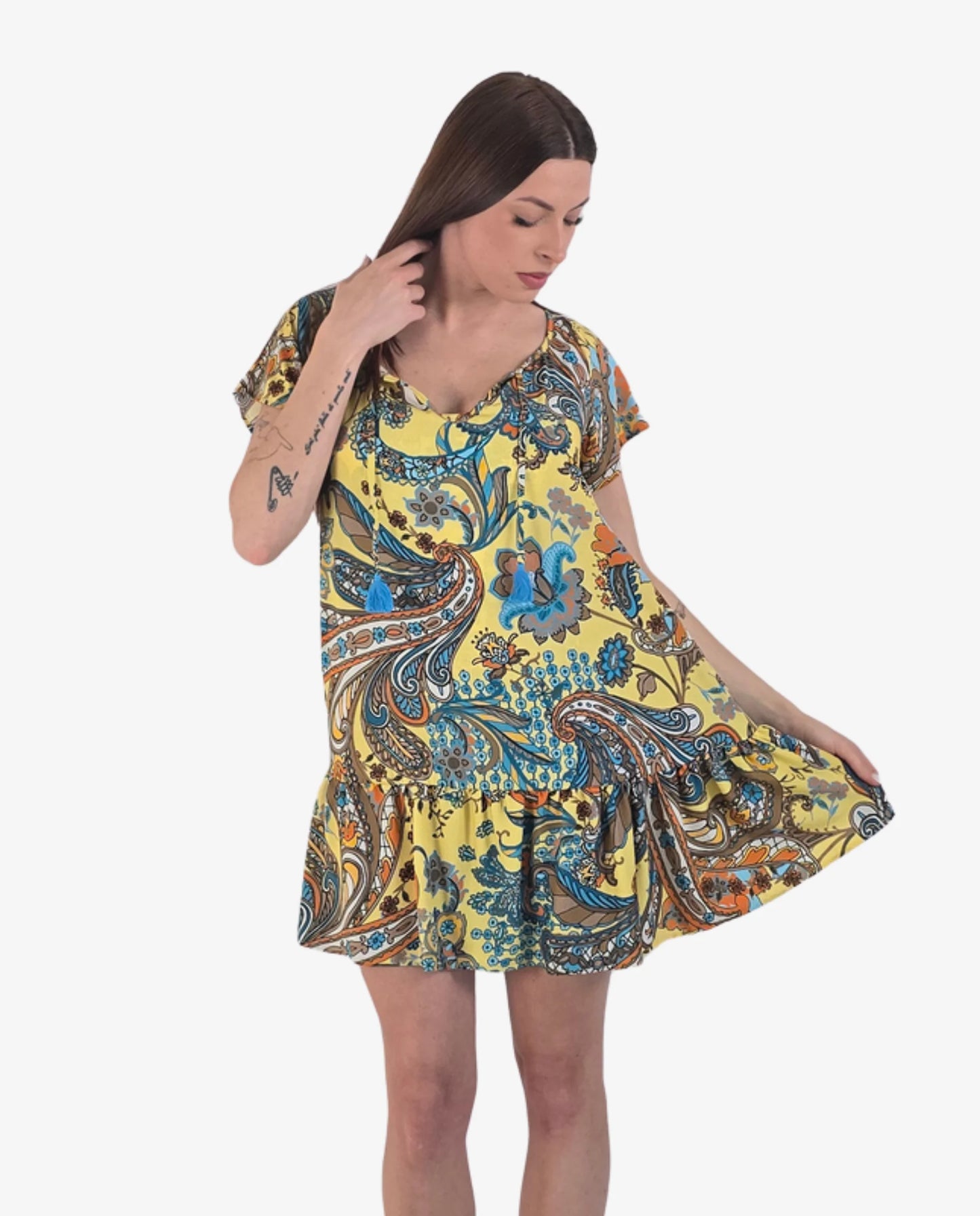 Vestitino Corto Stampa Paisley Giallo con Volant – Marette