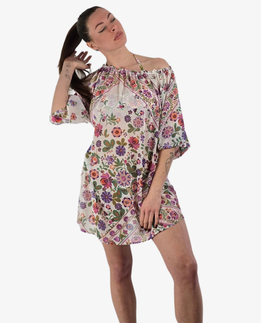 Abito Corto Miss Bikini Fantasia Fiori Bianco e Giallo