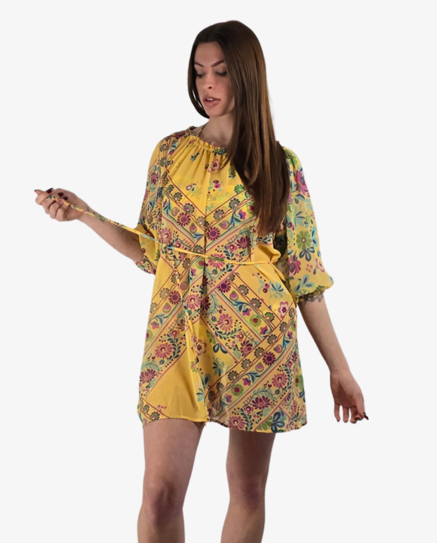 Abito Corto Miss Bikini Fantasia Fiori Bianco e Giallo