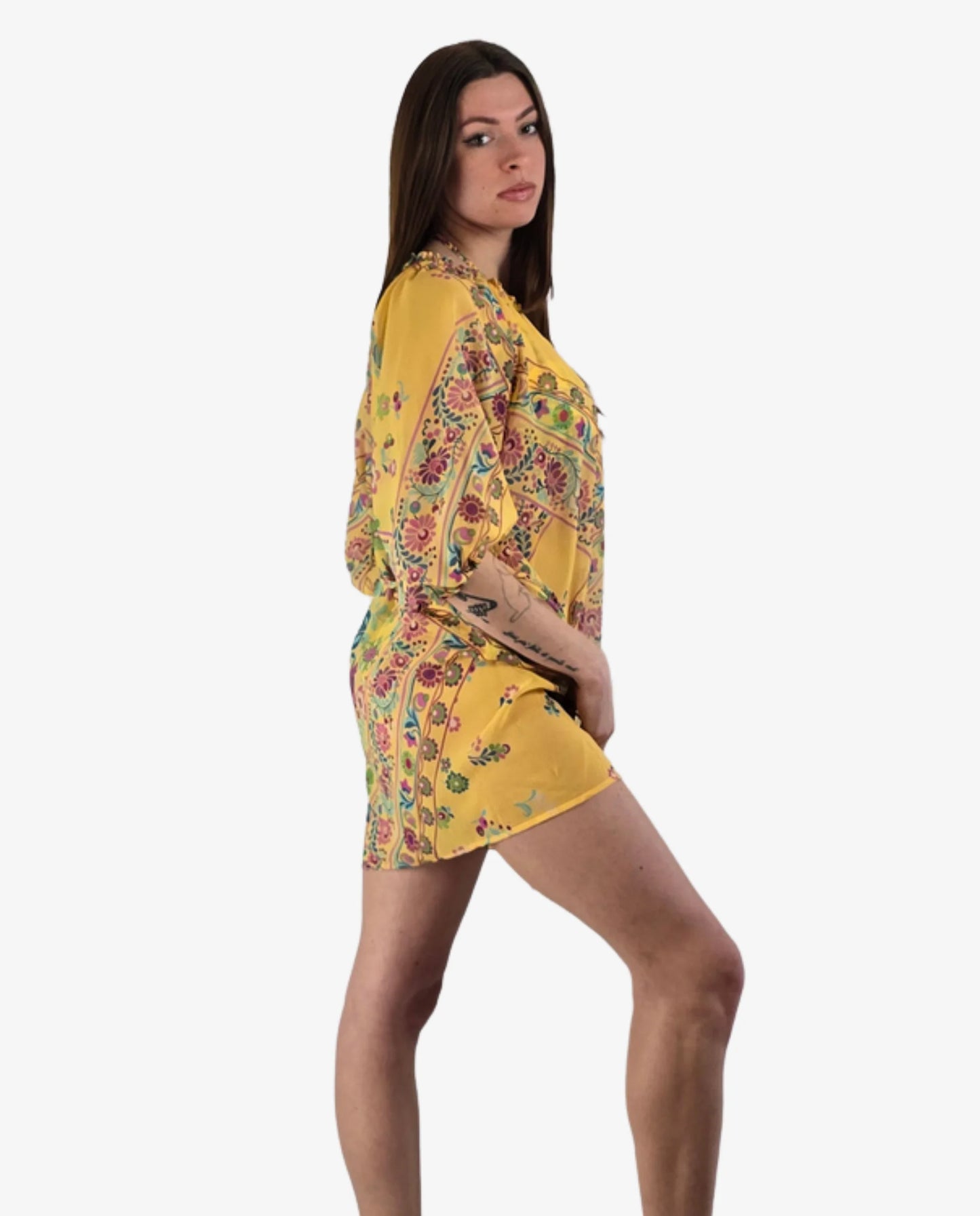 Abito Corto Miss Bikini Fantasia Fiori Bianco e Giallo