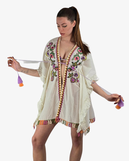 Kimono Corto Miss Bikini Bianco Ricamo