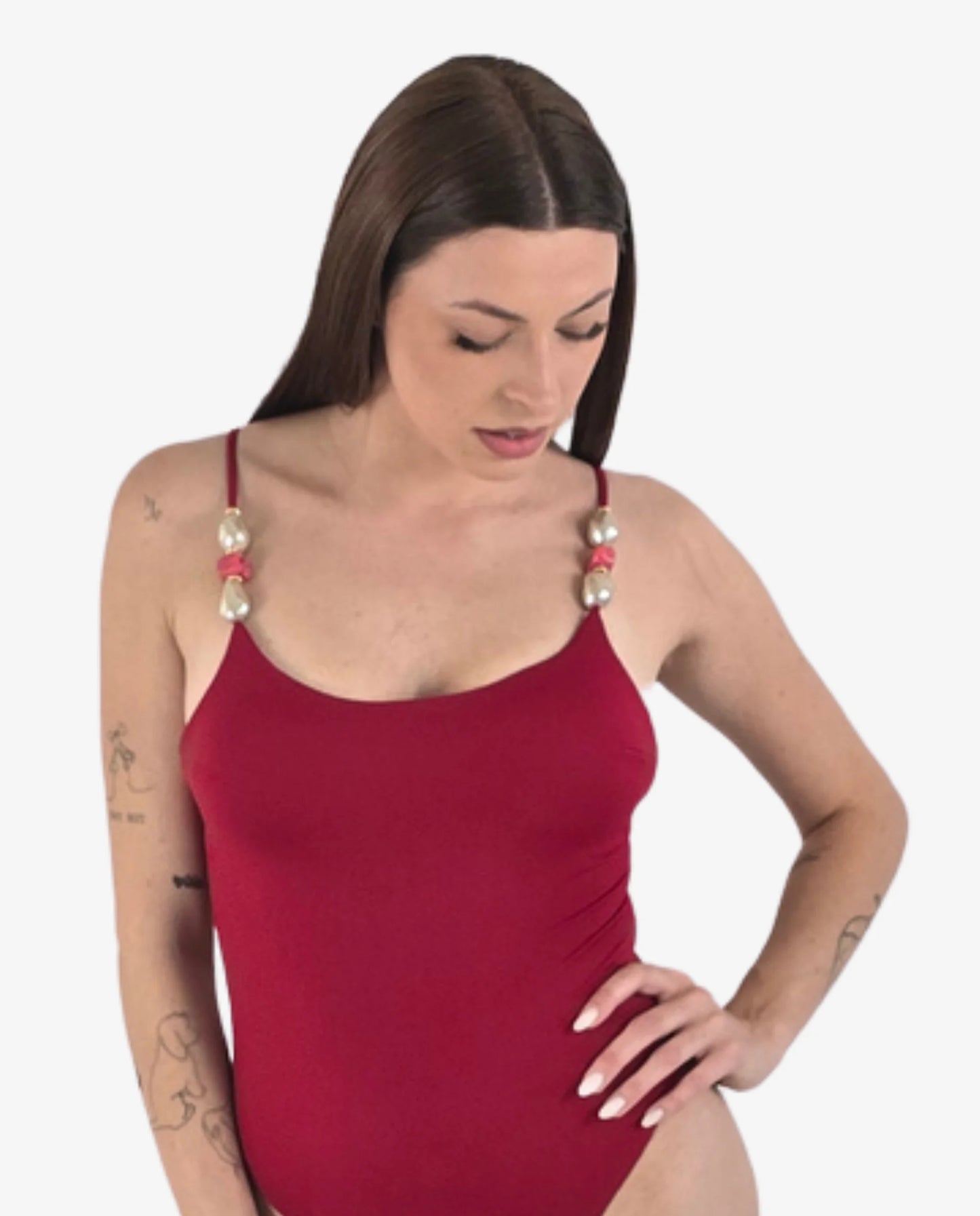 Costume Intero Rosso con Bretelle Gioiello Perle Barocche