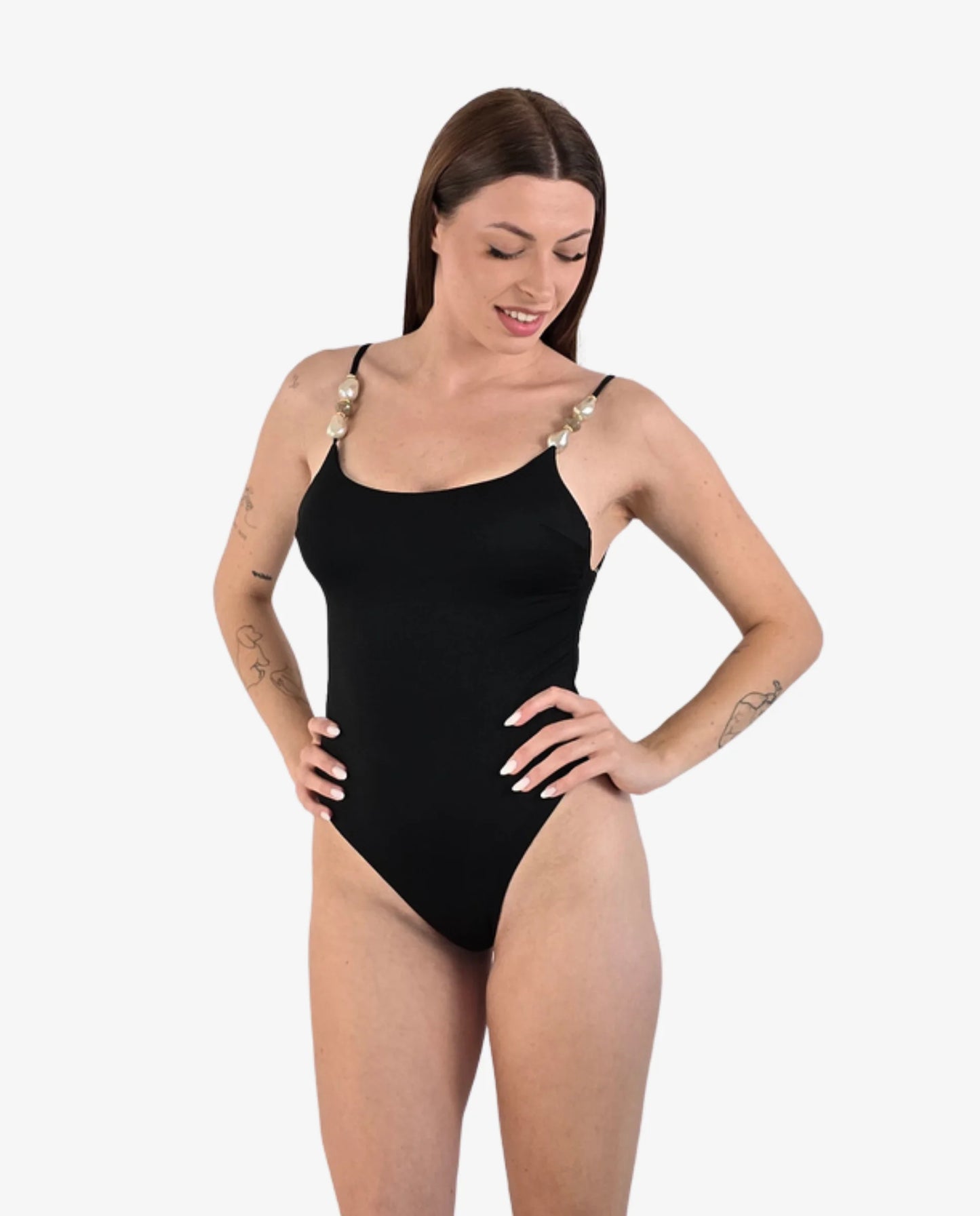 Costume Intero Nero con Bretelle Gioiello Perle Barocche