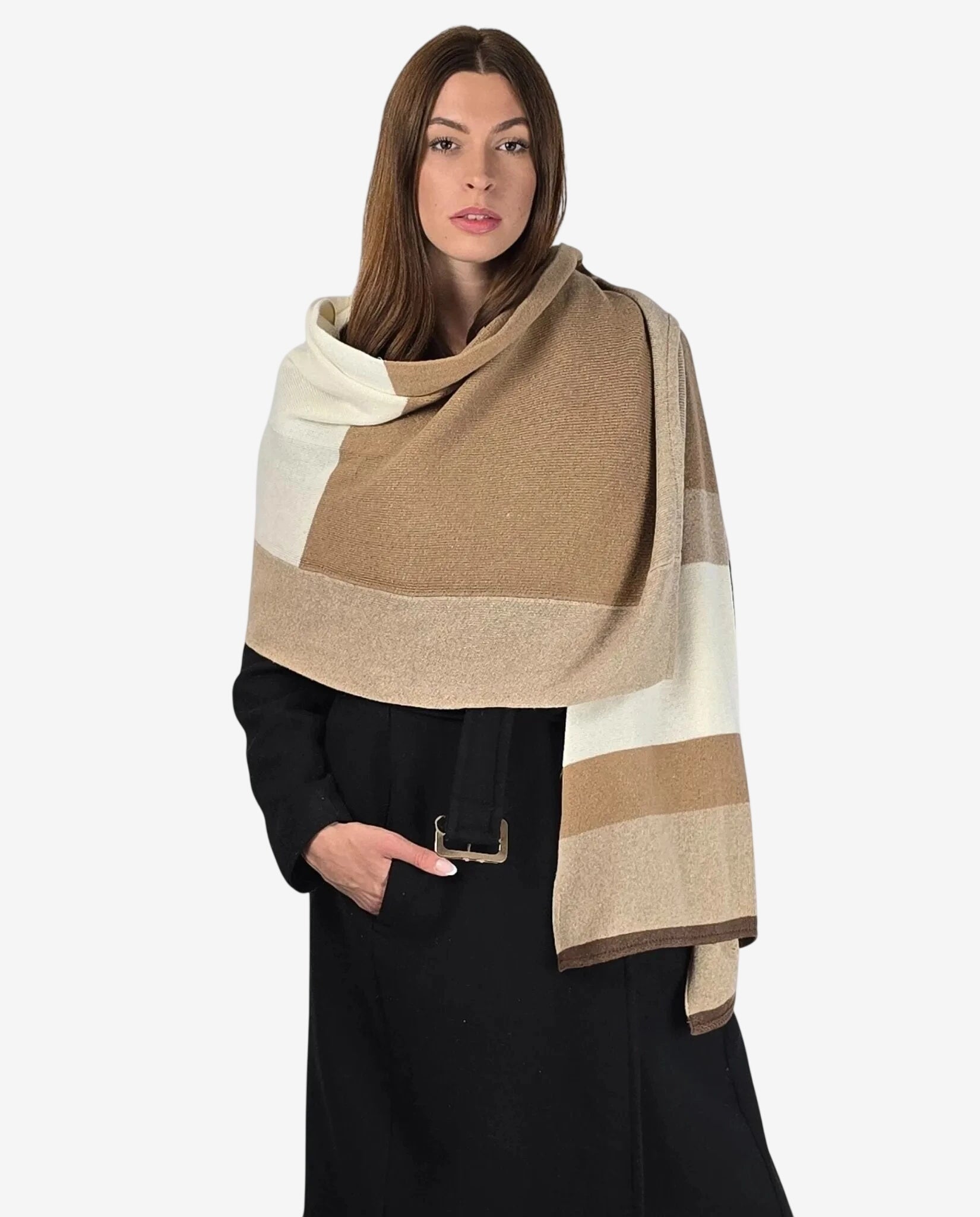 Sciarpa da donna in cotone con motivo a righe nei toni del beige.