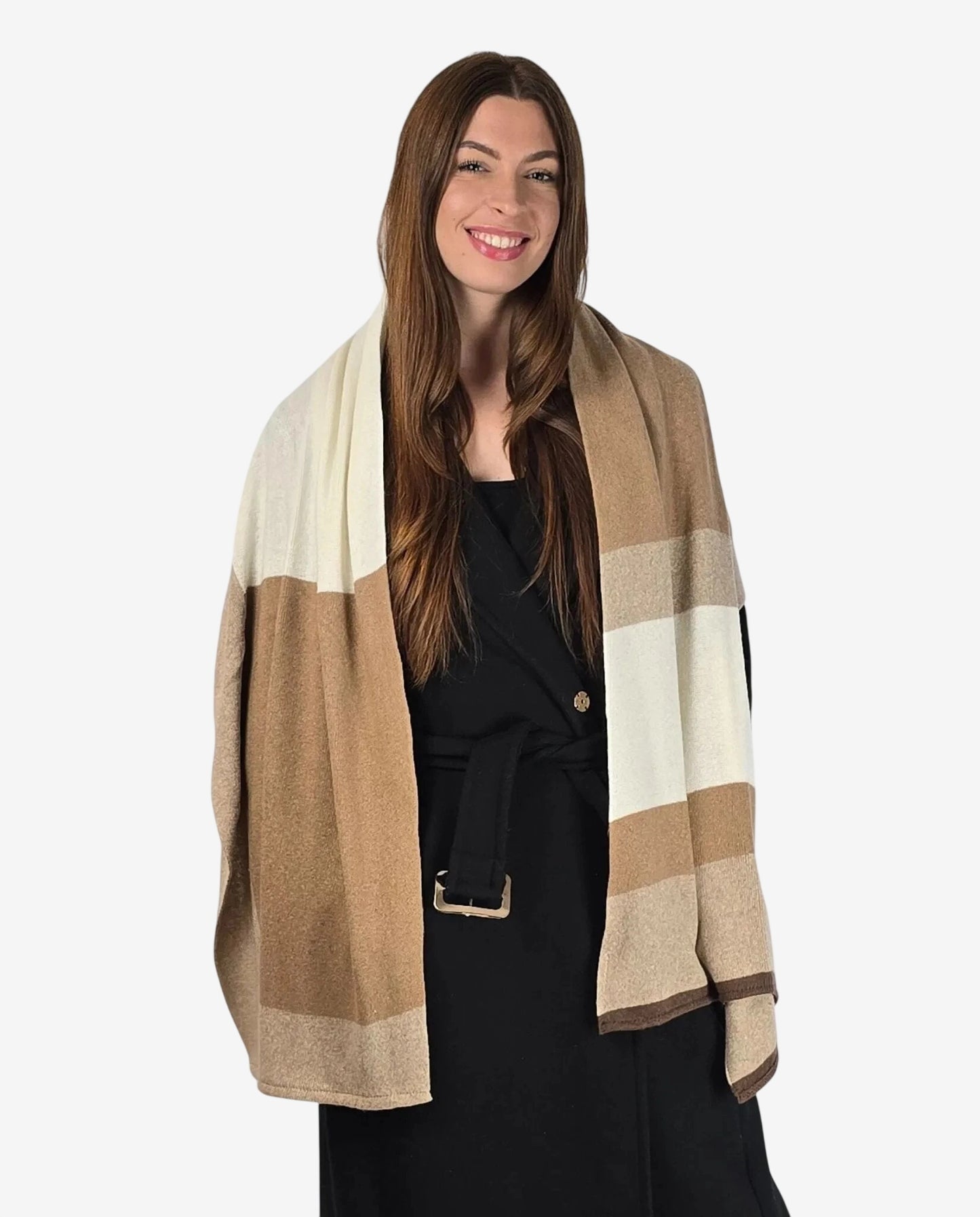 Sciarpa da donna in cotone con motivo a blocchi di colore nei toni del beige.