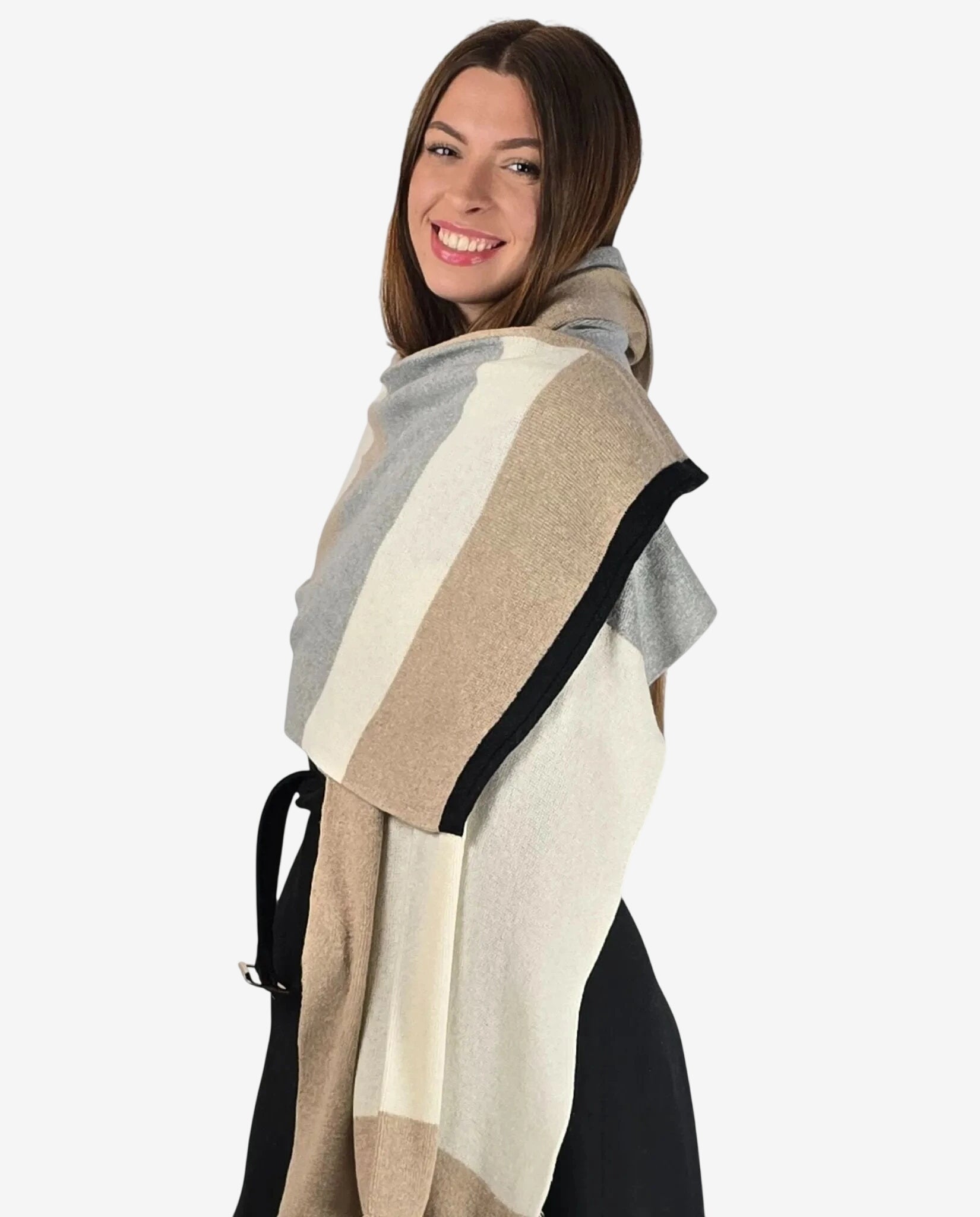 Sciarpa da donna in cotone con un elegante motivo a righe nei toni del grigio, beige e bianco.