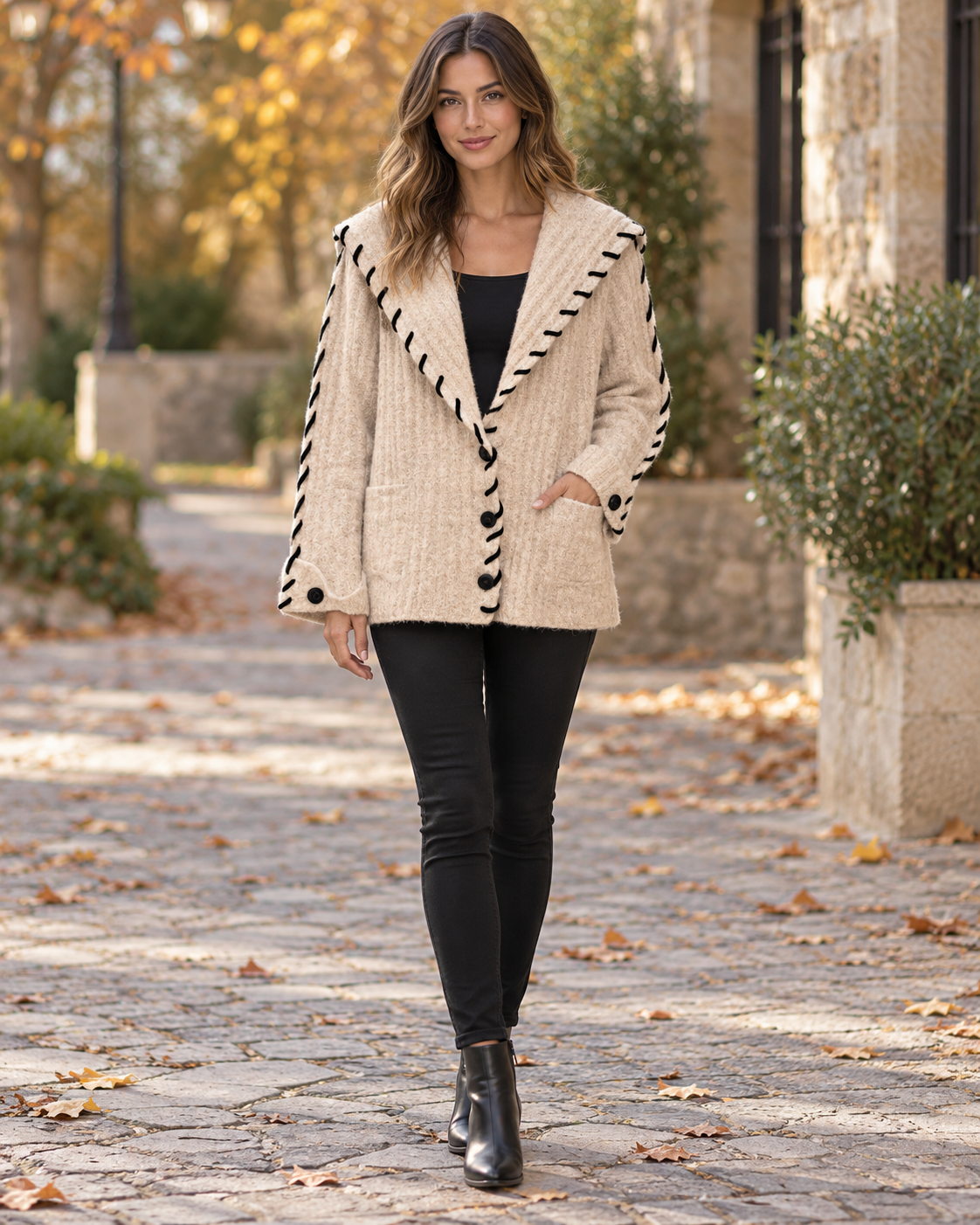 Cardigan con Collo Panna e Nero Iconique