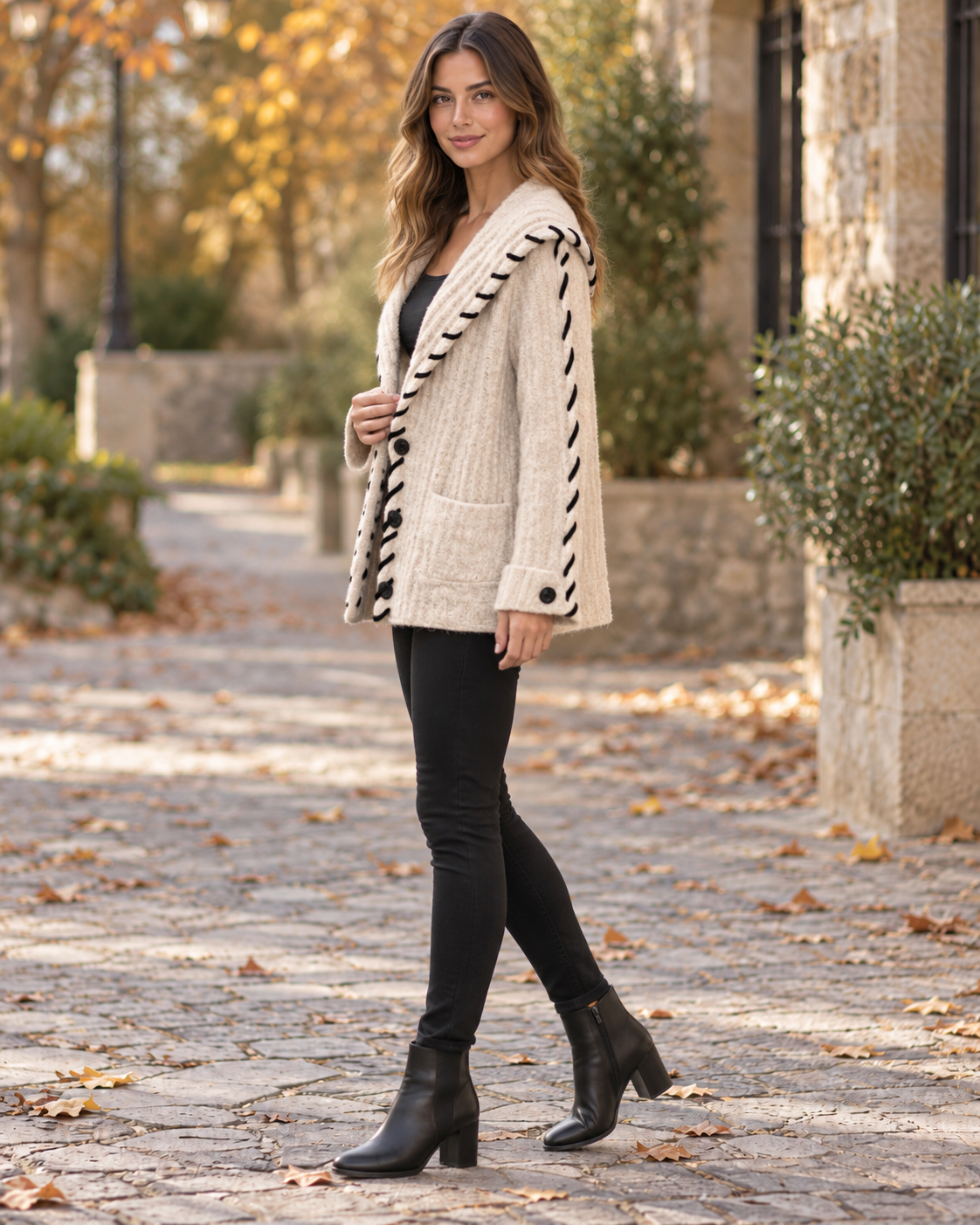 Cardigan con Collo Panna e Nero Iconique