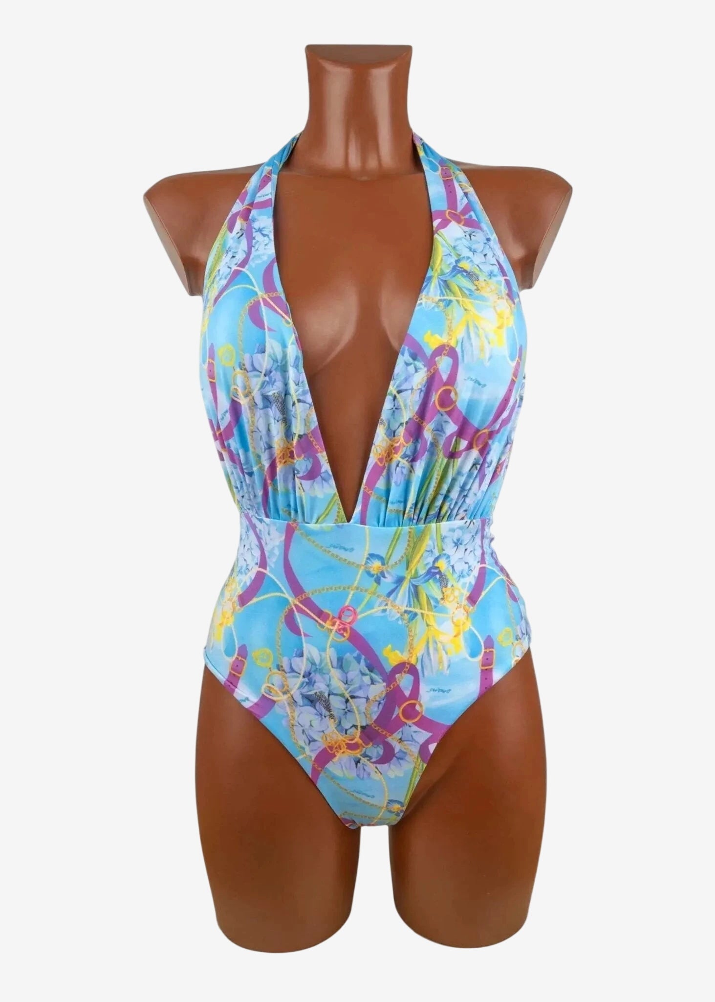 Costume intero azzurro con scollo profondo, imbottitura leggera e stampa floreale con catene.