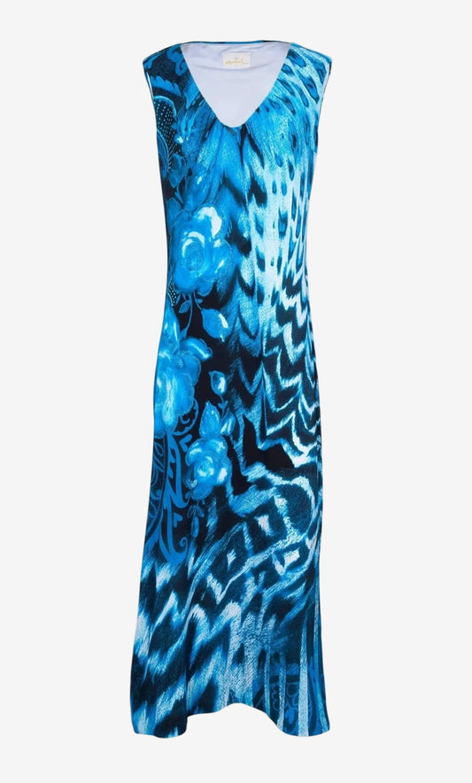 Abito lungo Roidal senza maniche con scollo a V e fantasia floreale e geometrica sui toni dell'azzurro.
