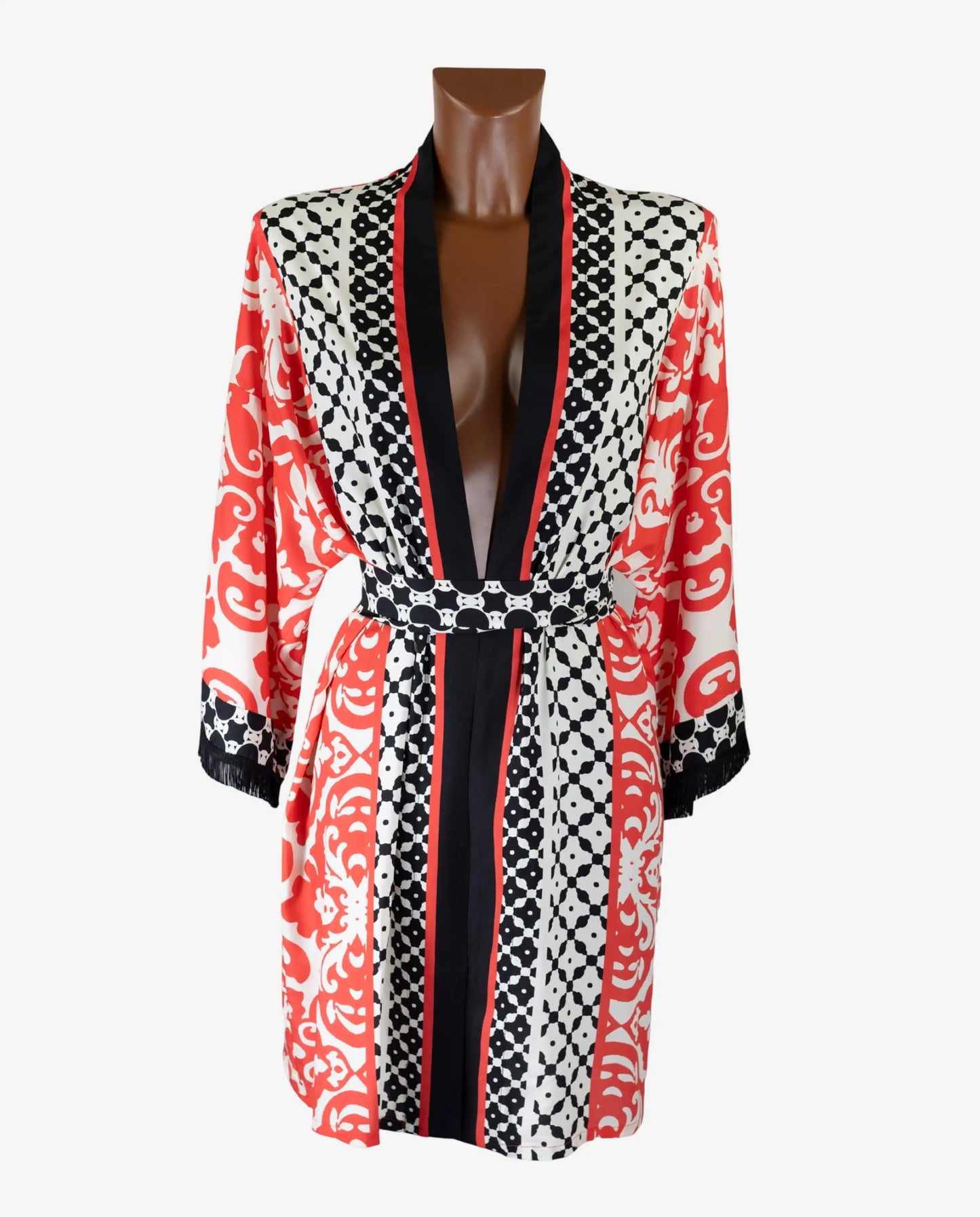Kimono Corto Stampa Geometrica Nero Rosso