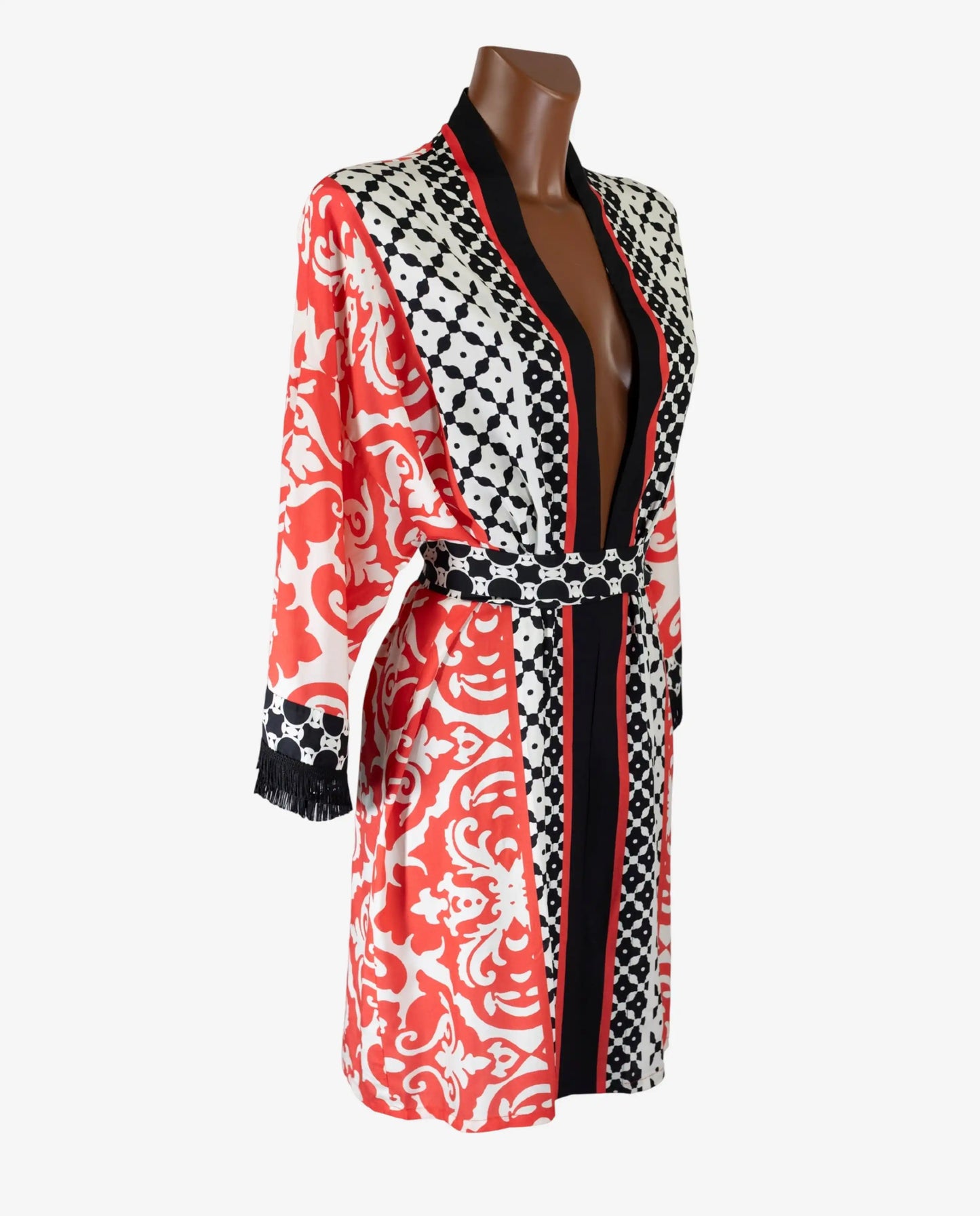 Kimono Corto Stampa Geometrica Nero Rosso