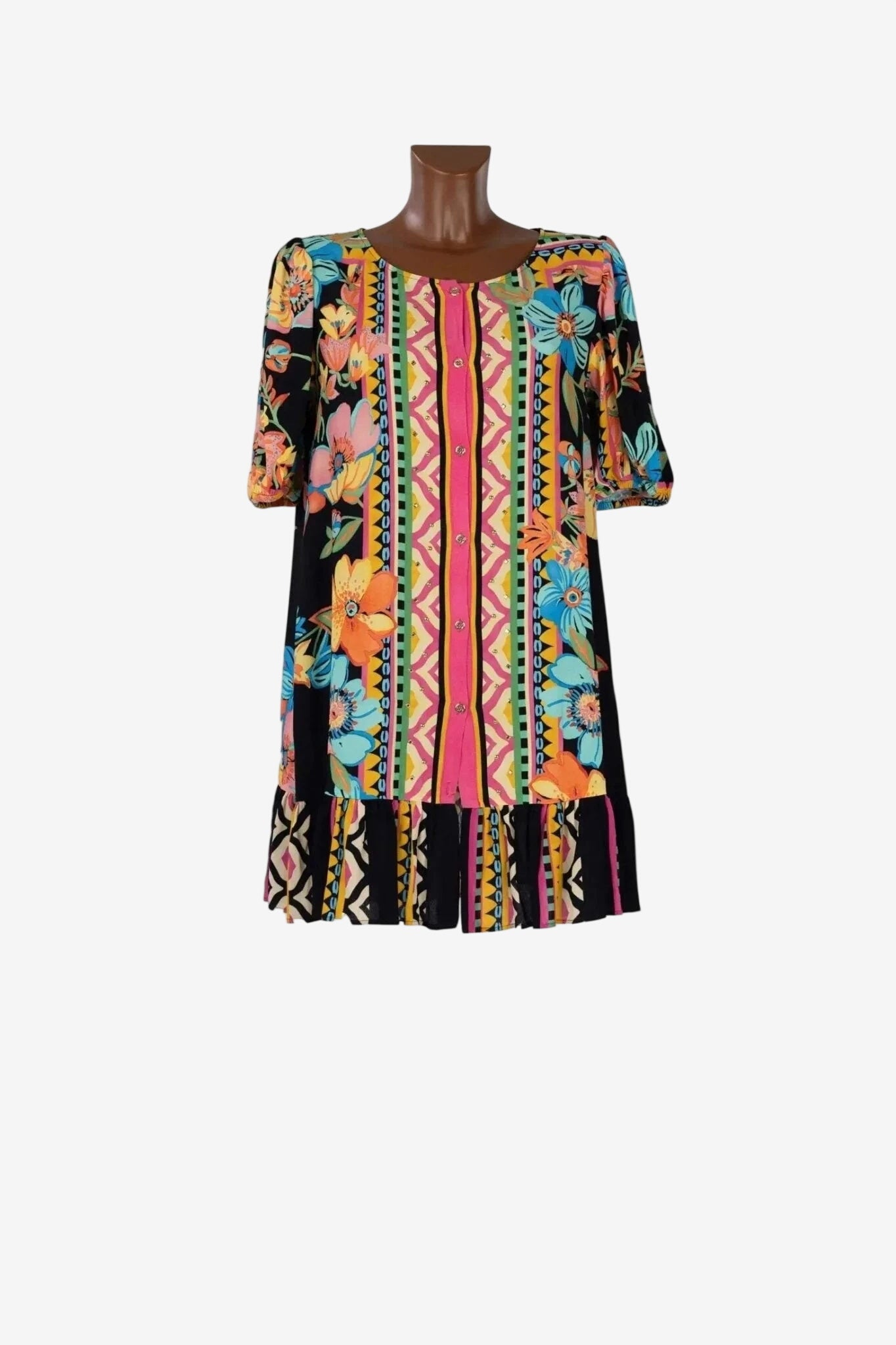 Abito corto Raffaela D'Angelo in viscosa con stampa floreale, maniche corte e bottoni frontali.