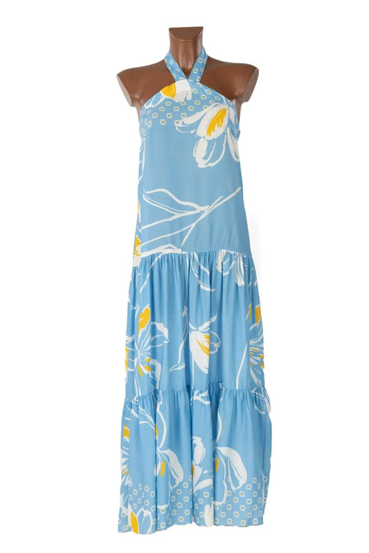 Abito lungo in viscosa azzurra con stampa floreale bianca e gialla e scollo all'americana.