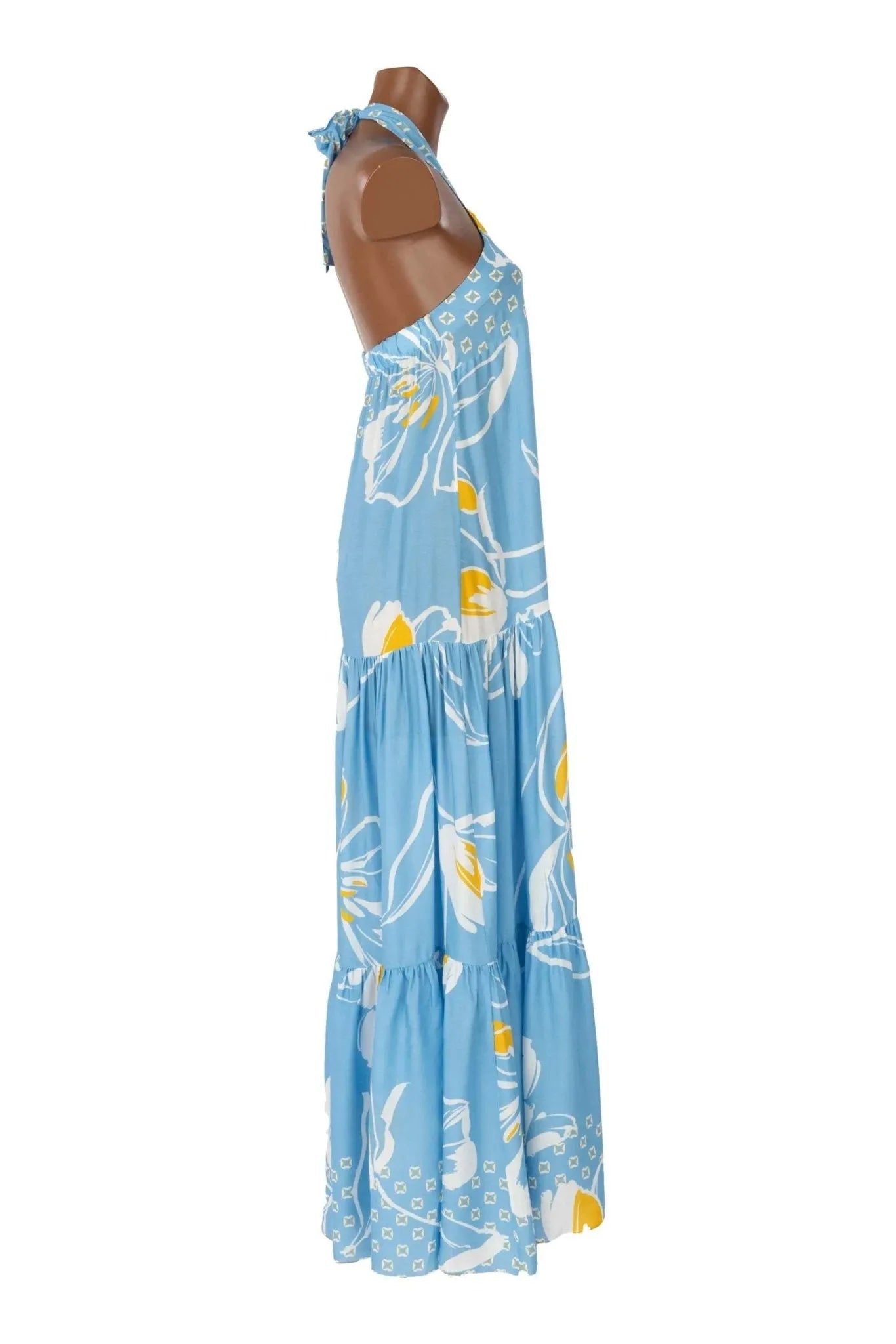 Abito lungo Valery in viscosa azzurra con stampa floreale bianca e gialla e scollo all'americana.