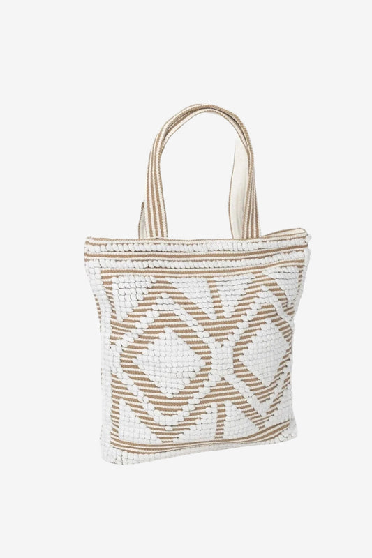 Borsa maxi in cotone con motivo geometrico a contrasto nei toni avorio e sabbia.