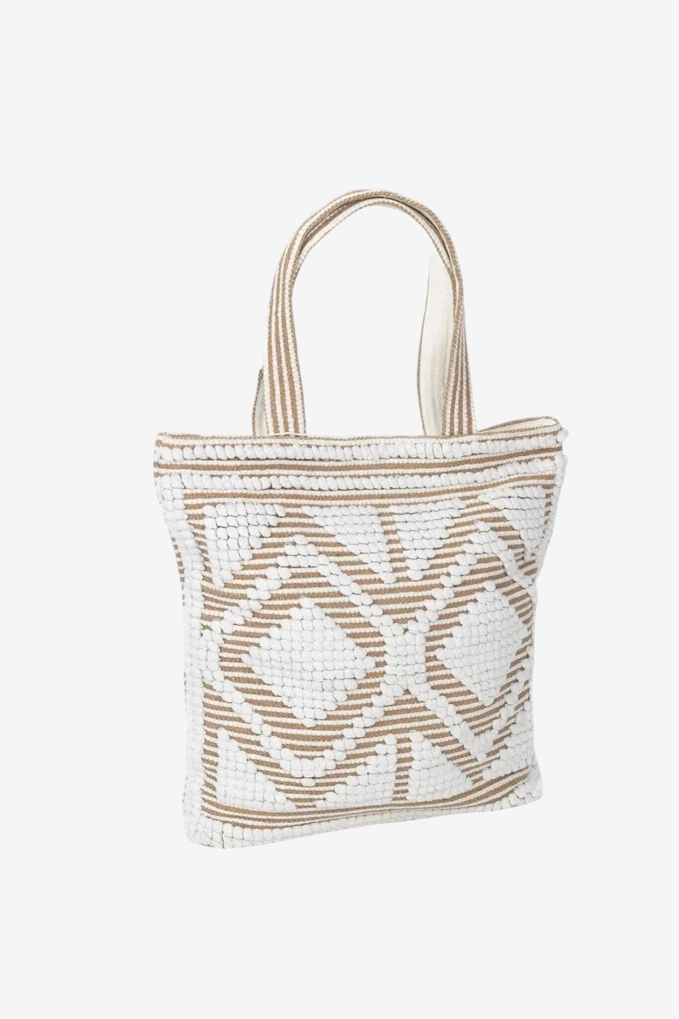 Borsa maxi in cotone con motivo geometrico a contrasto nei toni avorio e sabbia.