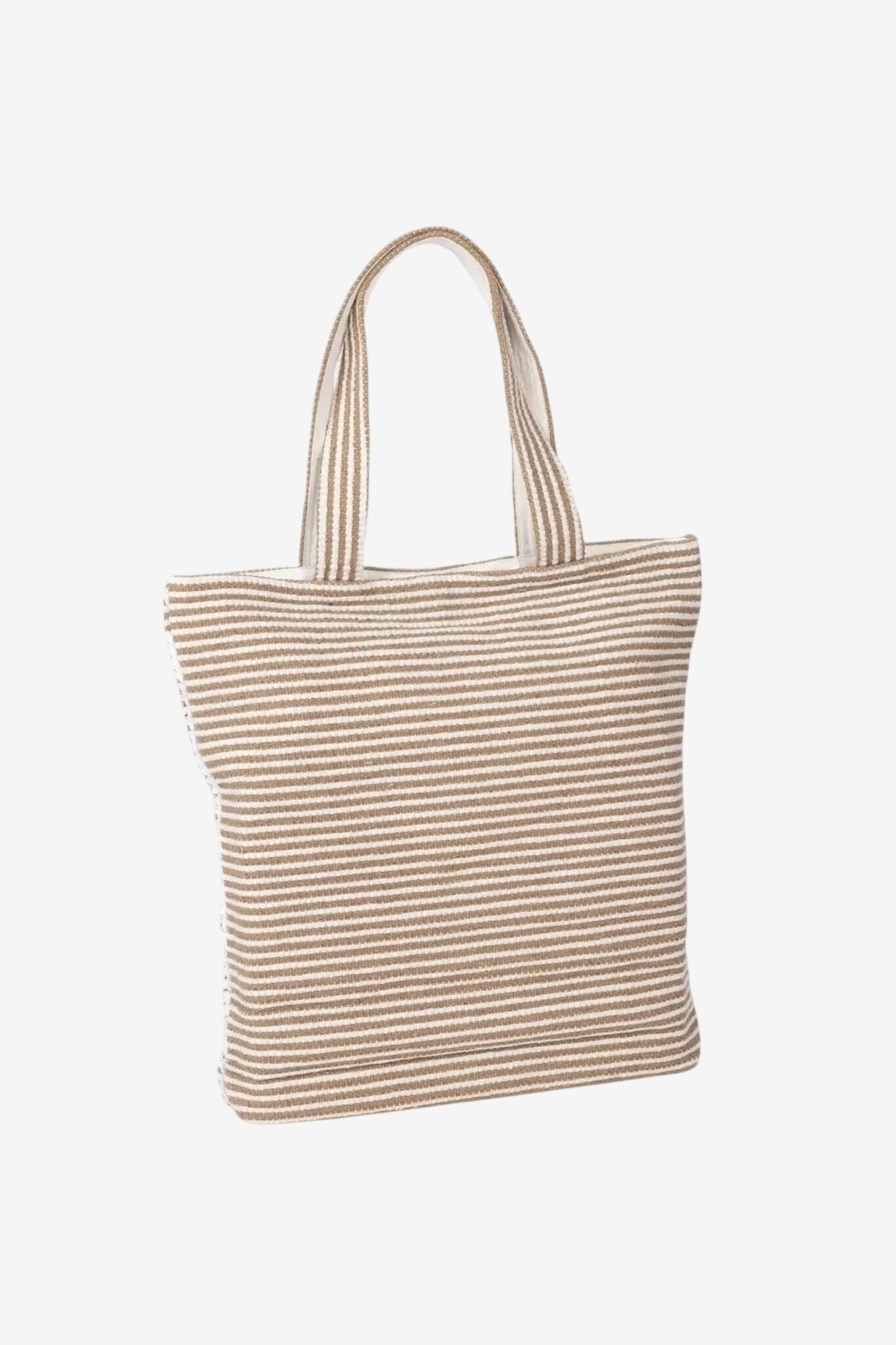 Borsa maxi in cotone con motivo a righe orizzontali color sabbia e avorio.