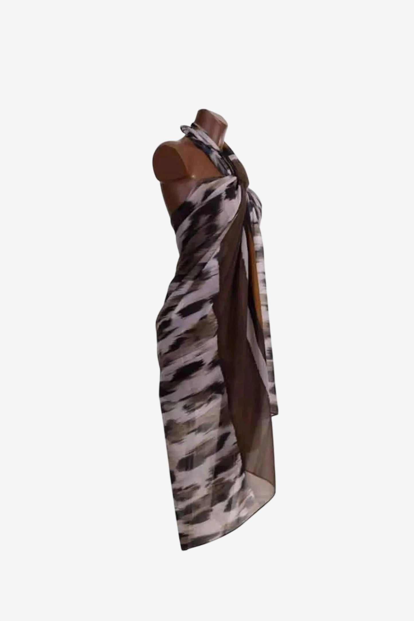 Pareo Roidal in poliestere con stampa animalier su base marrone e bianca.