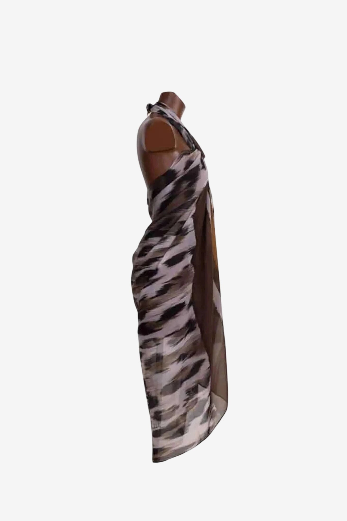 Pareo Roidal in poliestere con stampa animalier nei toni del marrone e del bianco.