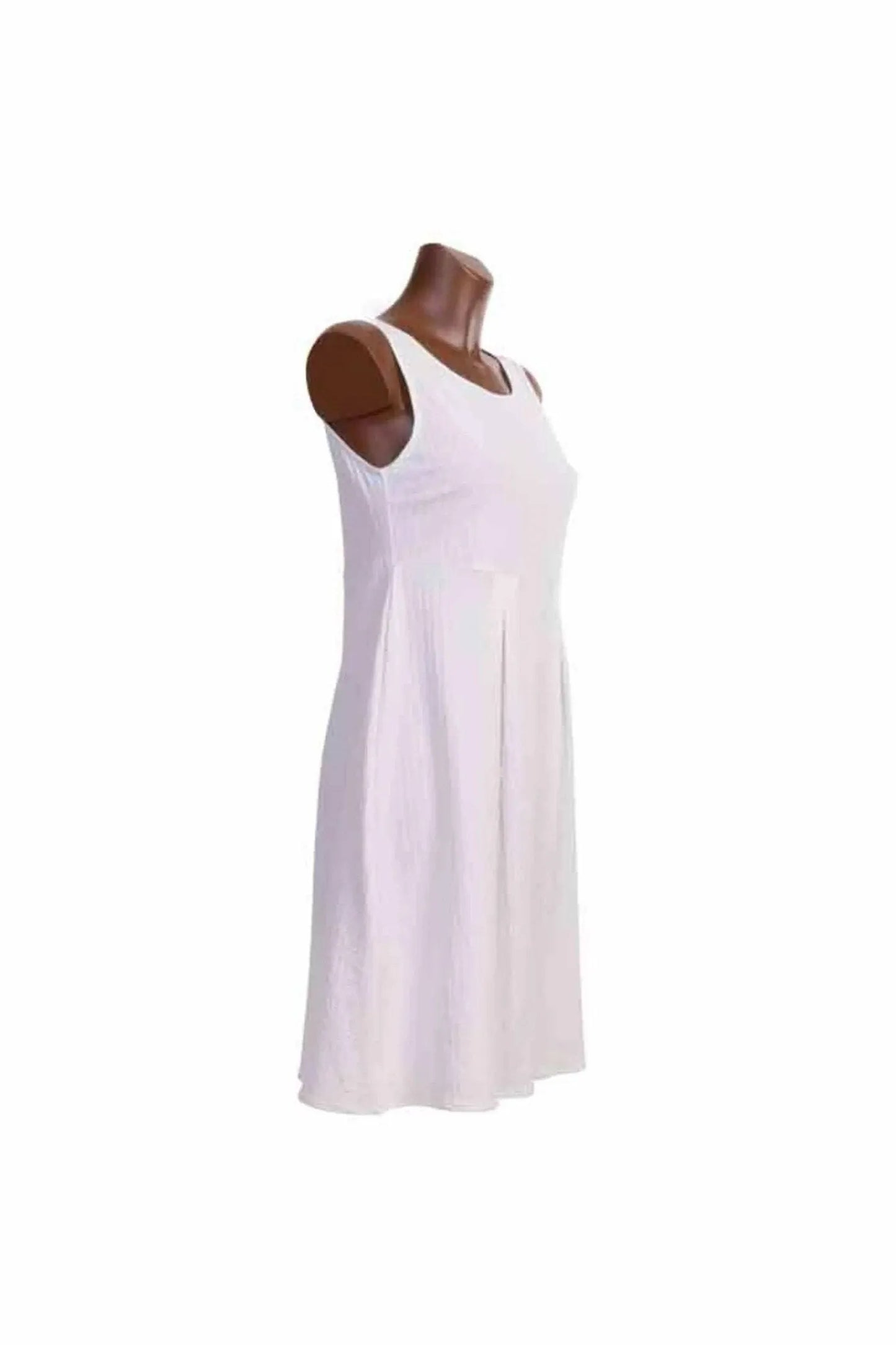 Abito midi smanicato Olivia Gold in lycra operata con linea svasata di colore bianco.