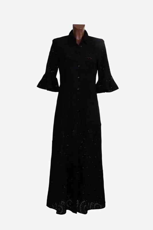 A black button-down maxi dress featuring three-quarter bell sleeves and intricate eyelet detailing.