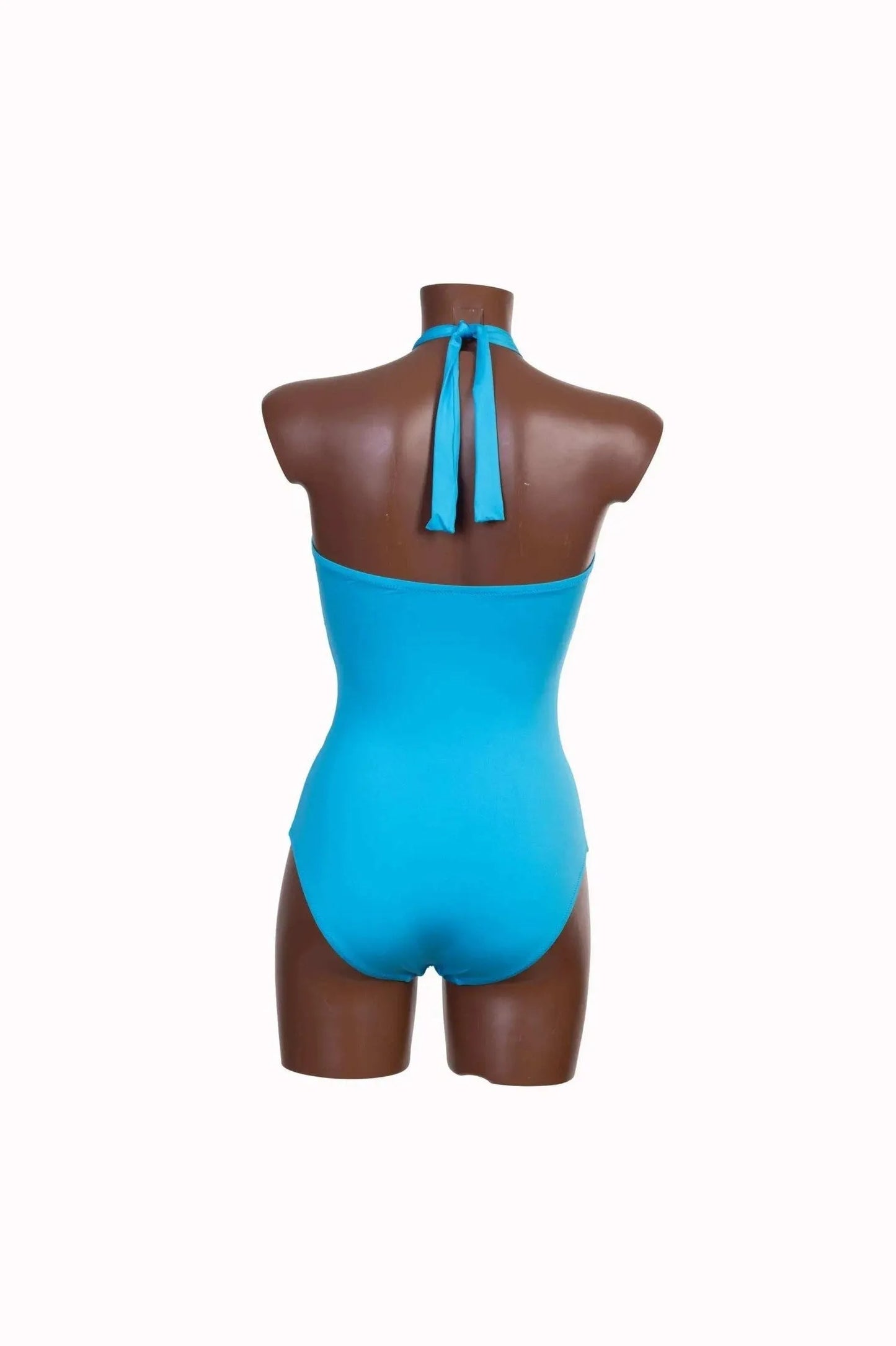 A bright blue one-piece swimsuit with a halter neck tie shown from the back on a mannequin.