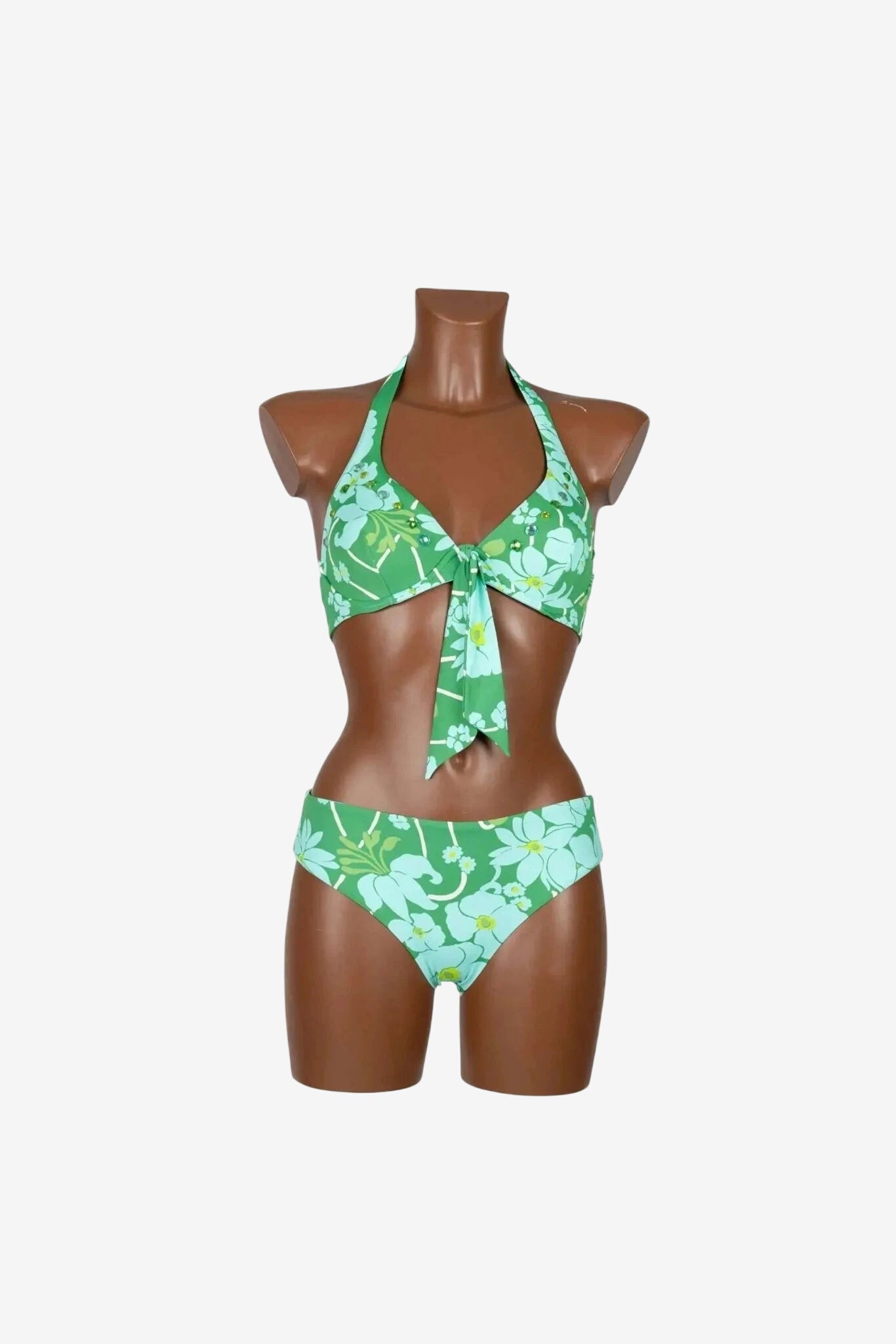 Bikini con ferretto Raffaela D'Angelo in tessuto verde a stampa floreale con allacciatura al collo.