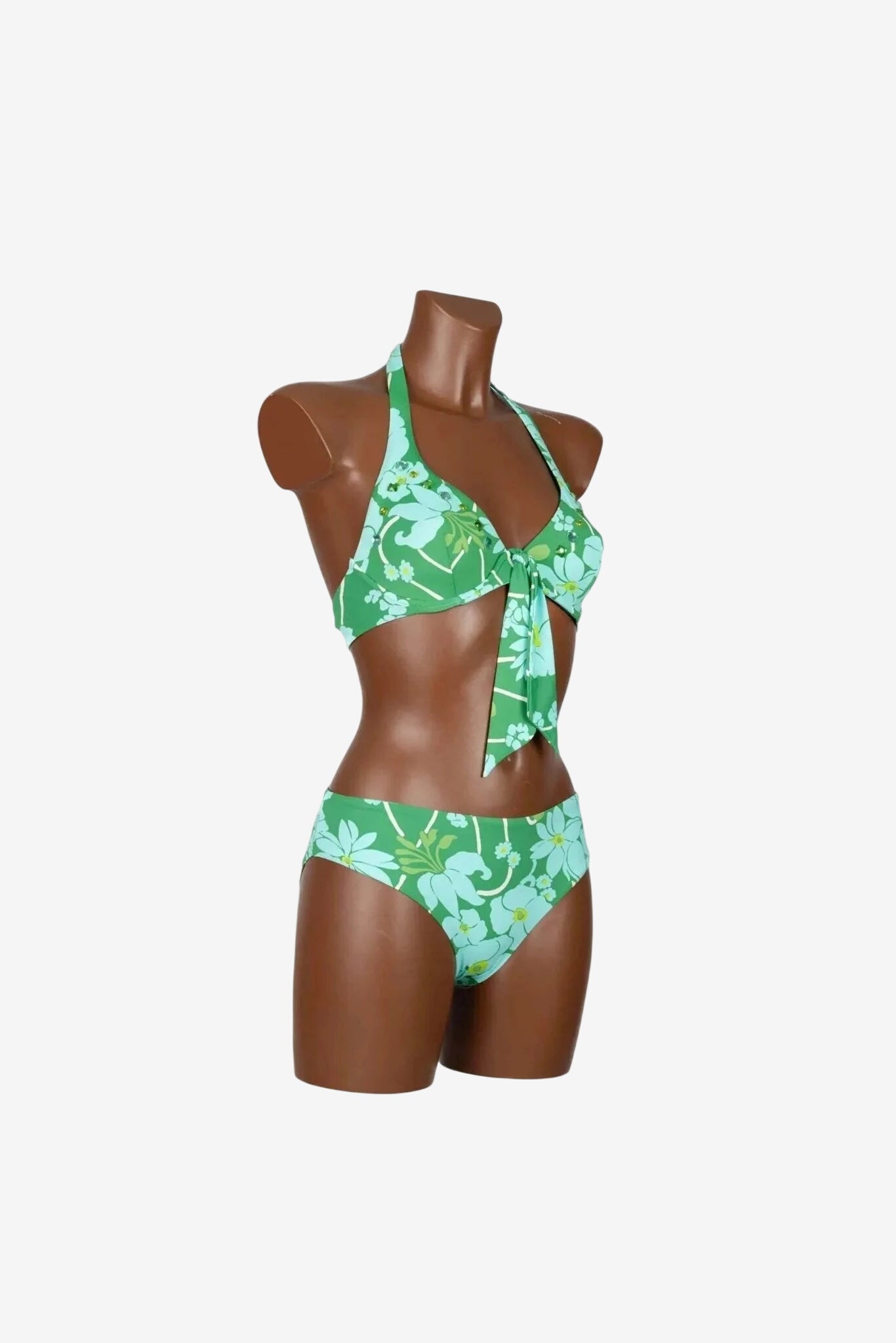 Bikini Raffaela D'Angelo verde con stampa floreale, ferretto e spalline regolabili.