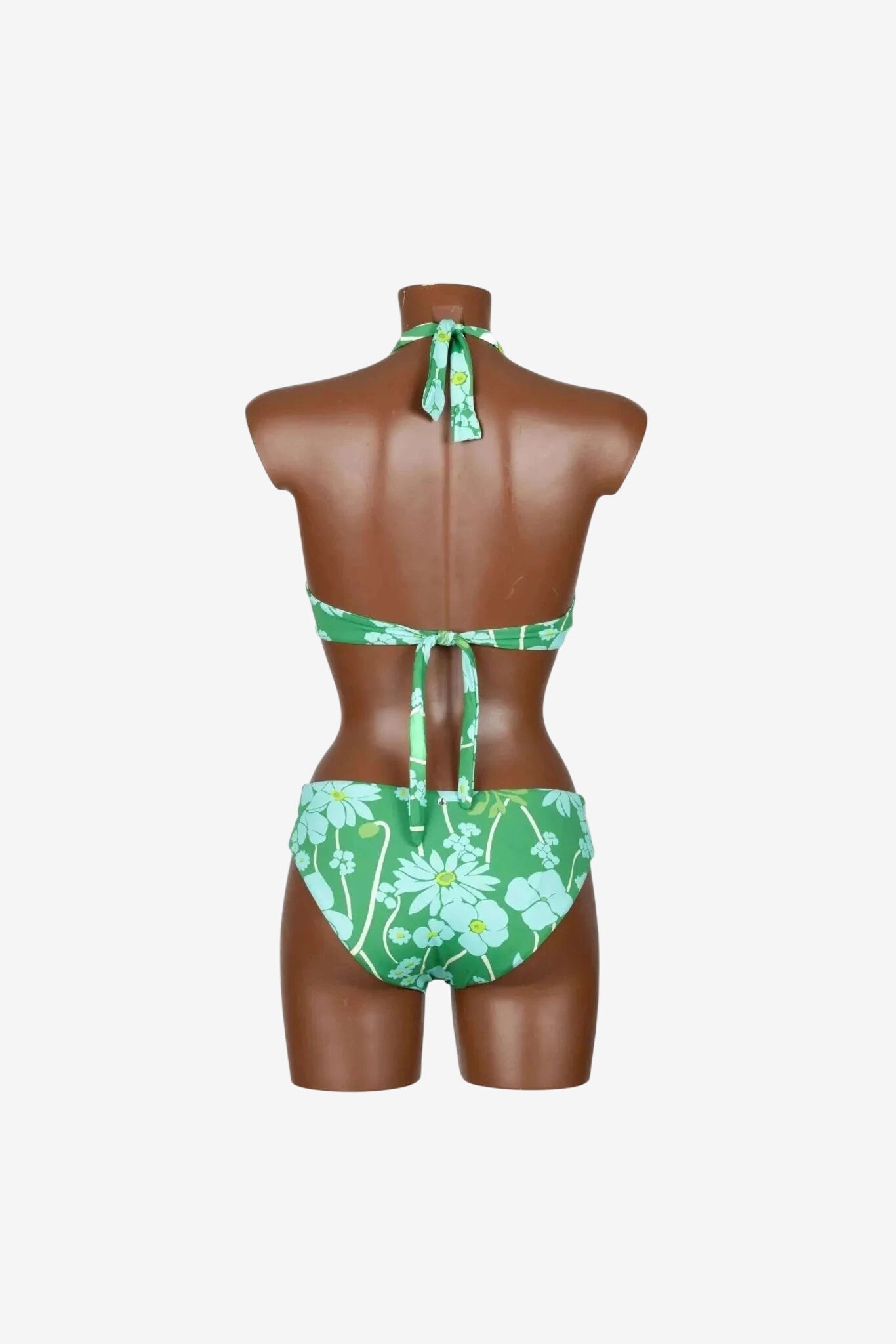 Bikini Raffaela D'Angelo verde con stampa floreale, ferretto e chiusura posteriore a fiocco.