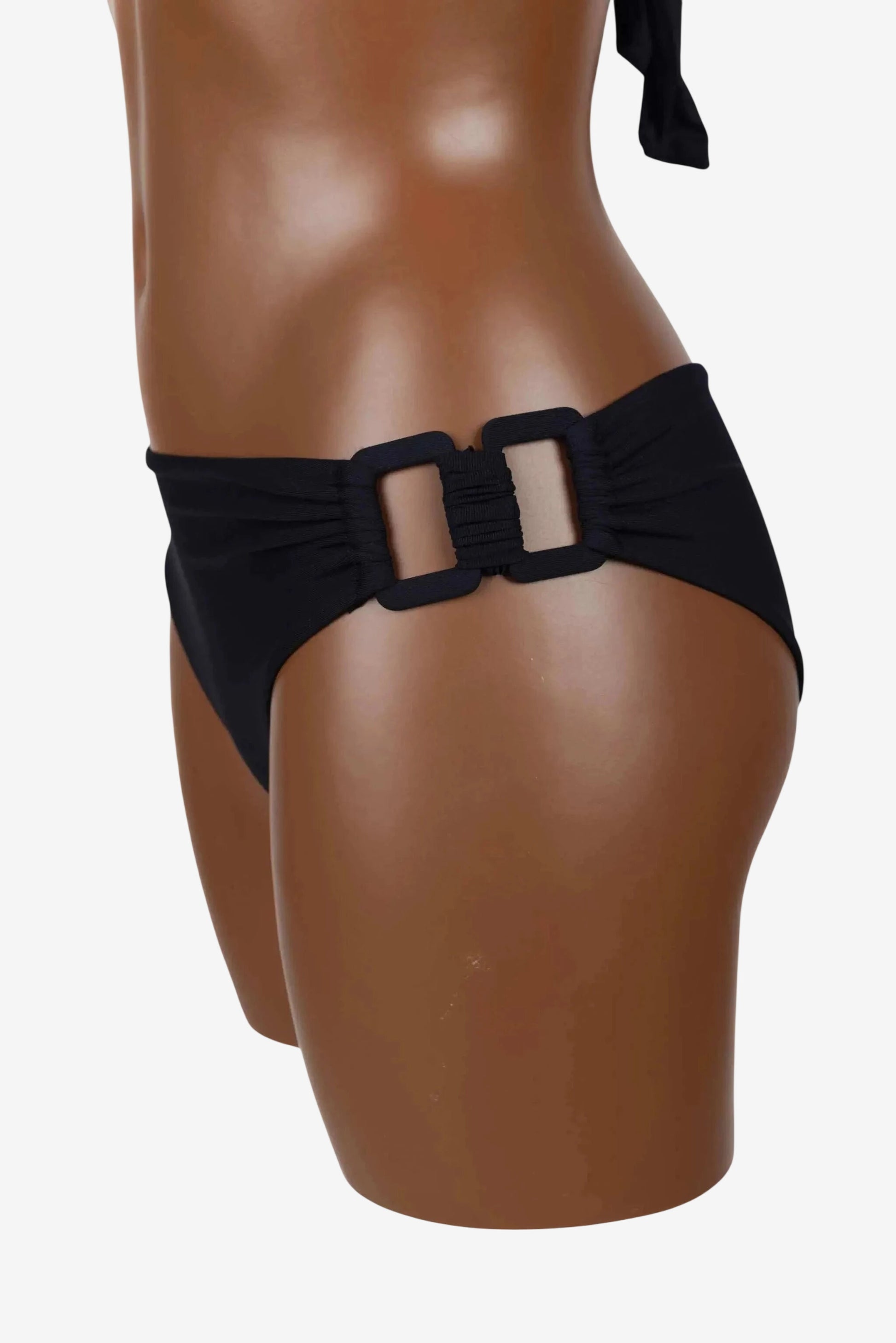 A black bikini bottom featuring side cutouts with rectangular hardware accents.