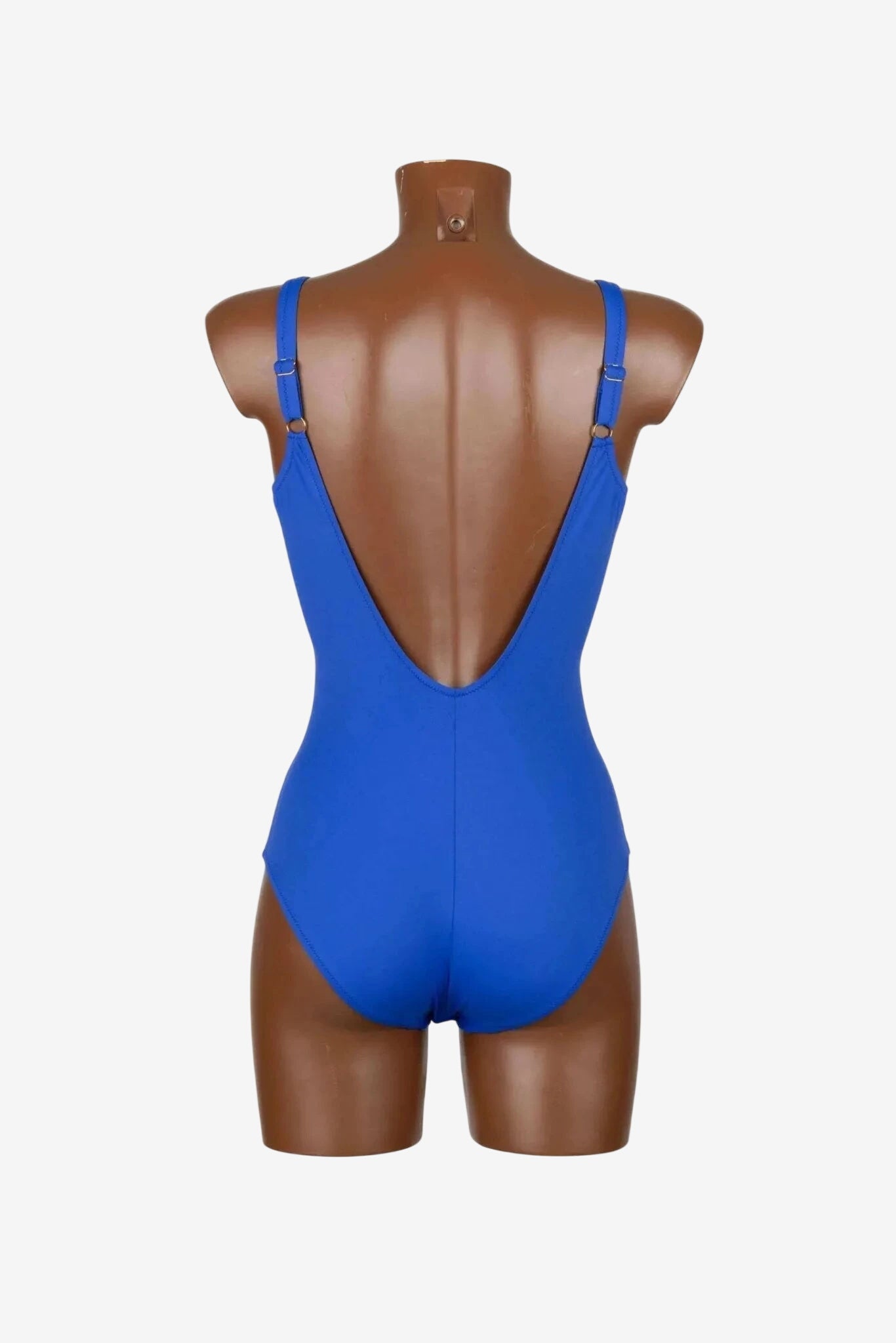 Costume intero Roidal blu cina con scollo a triangolo visto da dietro su manichino.