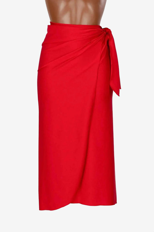 A midi-length red wrap skirt made from shiny lycra fabric with a side tie closure.