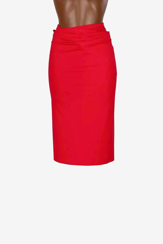 A vibrant red pareo skirt crafted from soft lycra with a draped, wrap-style waistband.