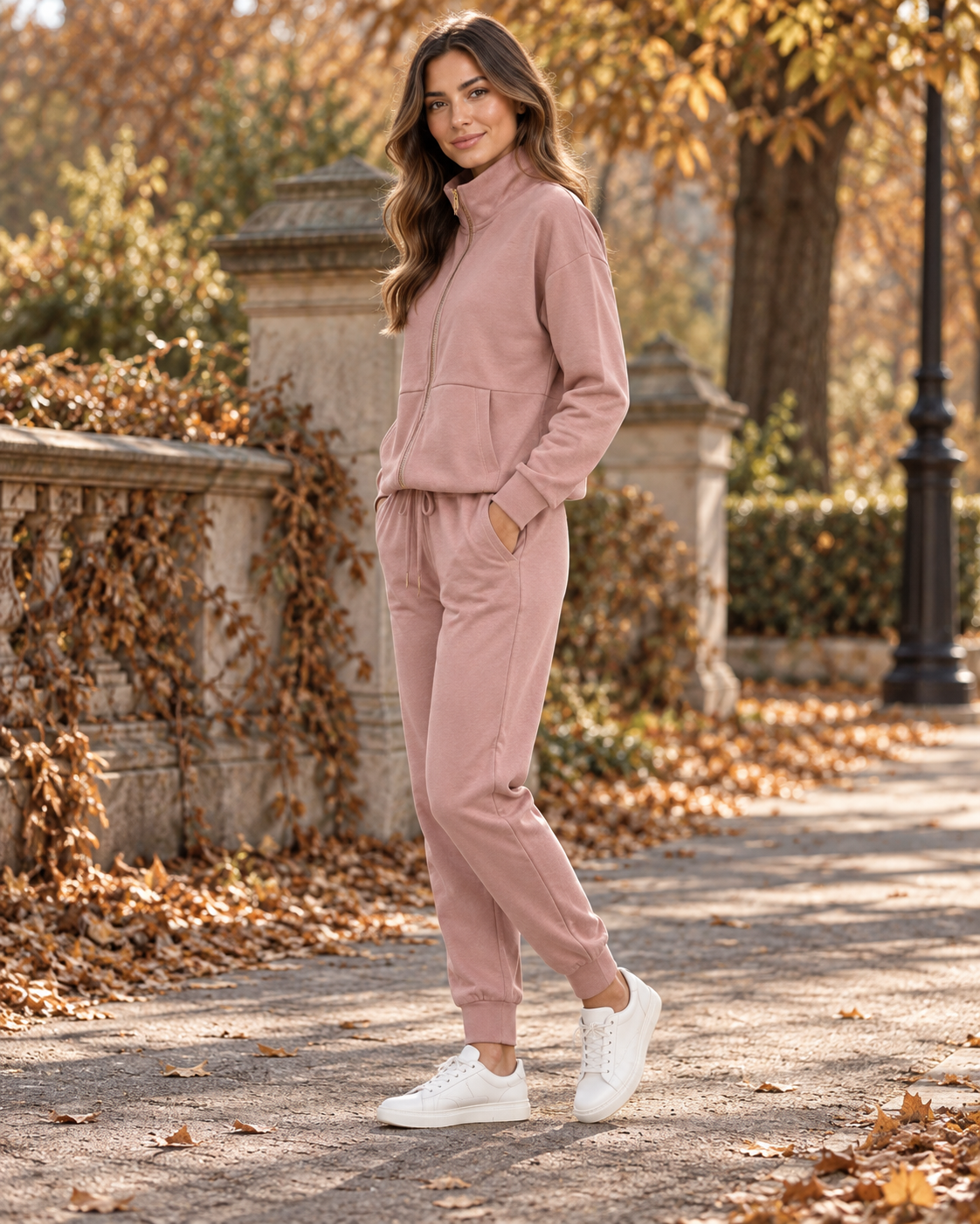 Tuta donna rosa cipria con zip e pantaloni jogger Selmark