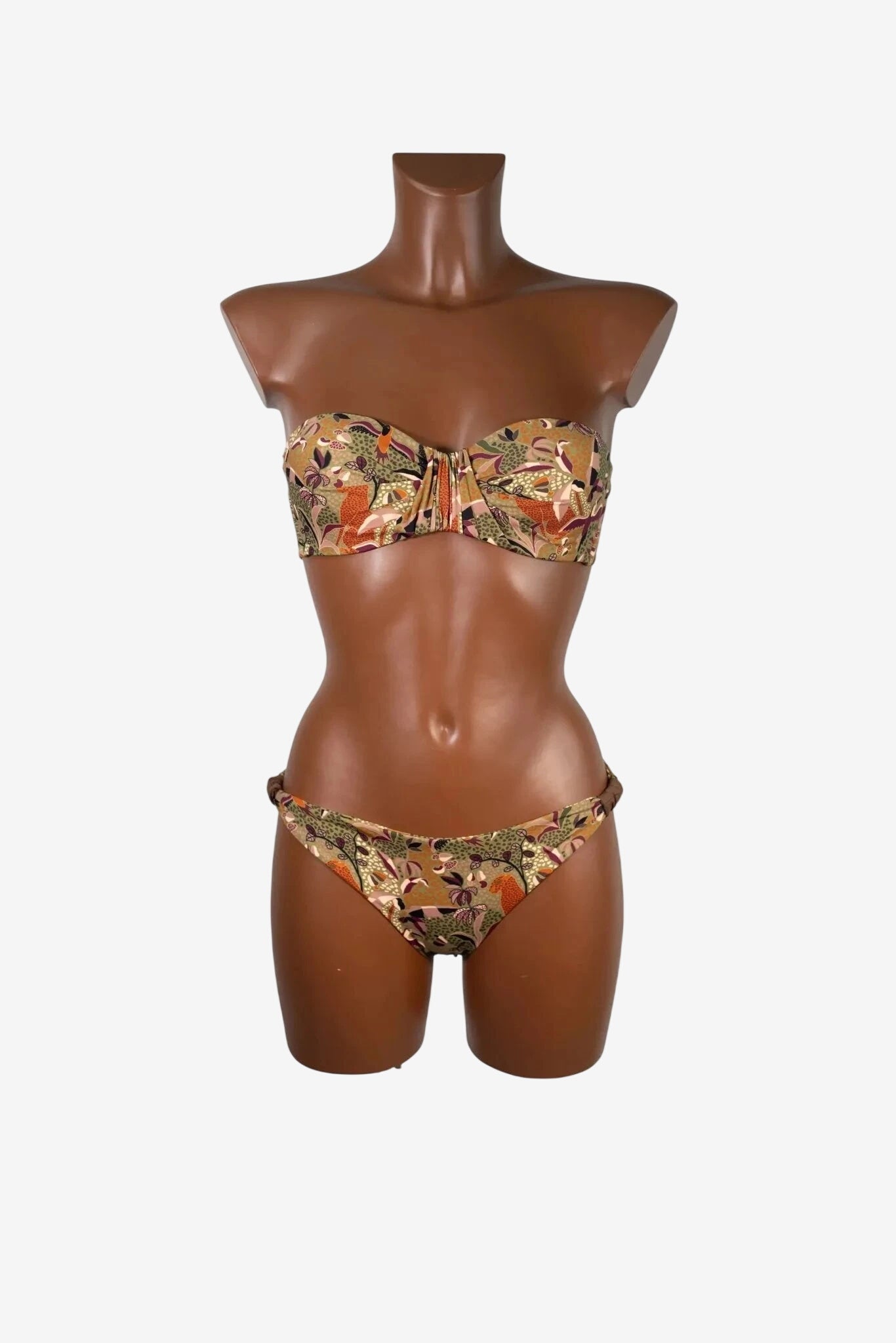 Bikini balconette Vista Mare con stampa floreale nei toni del beige, oro, arancione e verde.