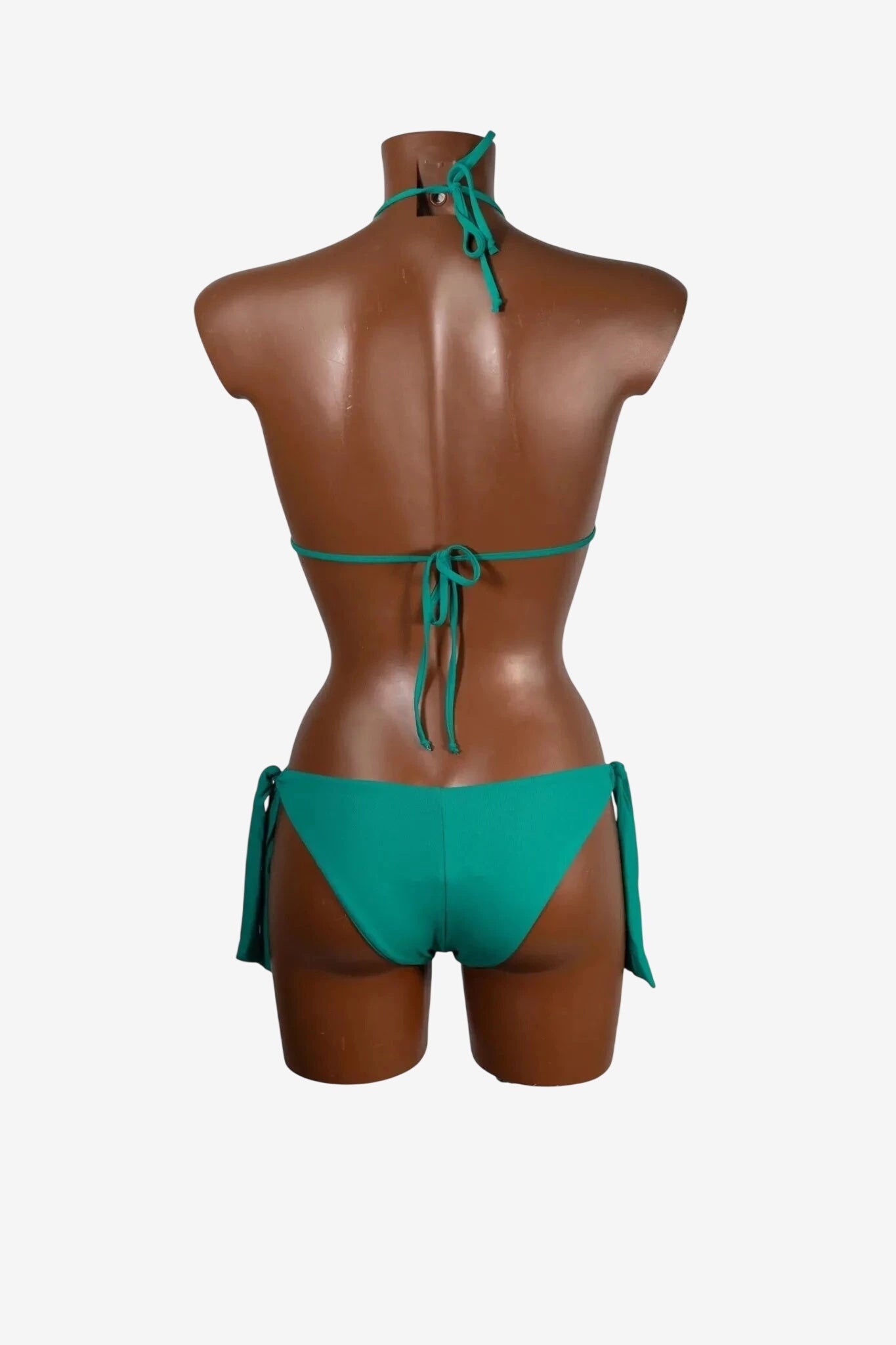A teal triangle bikini set shown from the back on a mannequin.