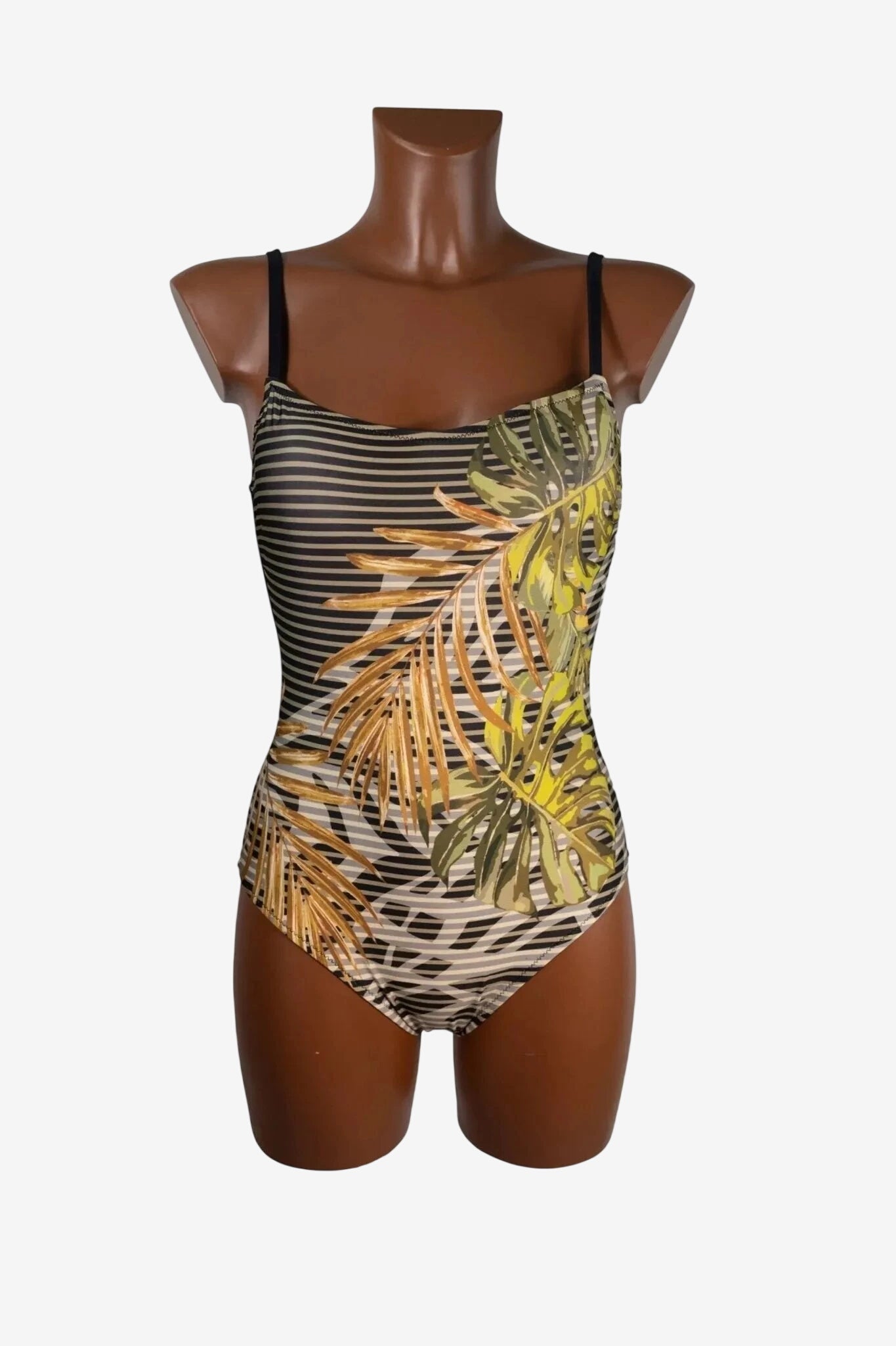 Costume intero Unimar a righe orizzontali con stampa di foglie tropicali e spalline nere.