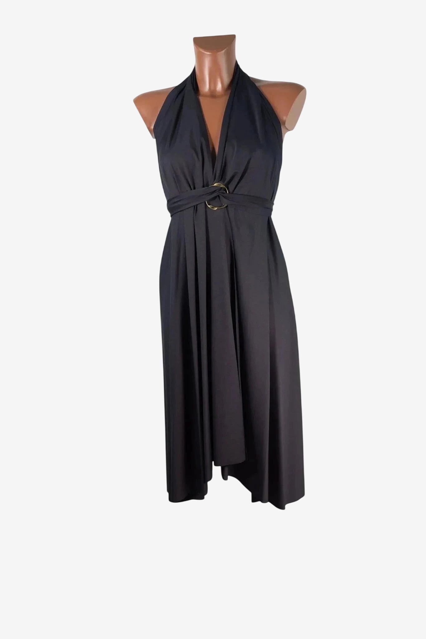 Abito midi nero da donna con scollo all'americana e dettaglio ad anello in vita.