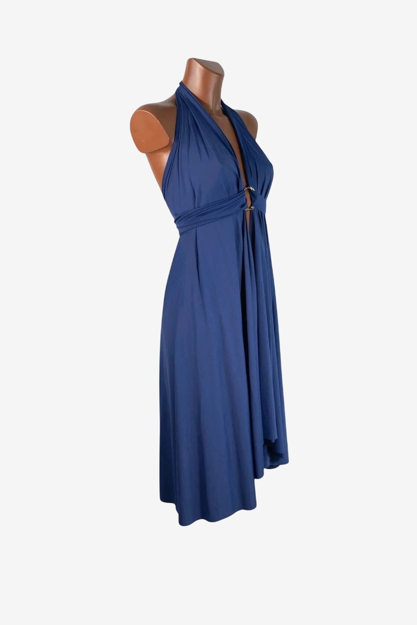 Abito midi blu Marette con scollo all'americana e dettaglio ad anello in vita.