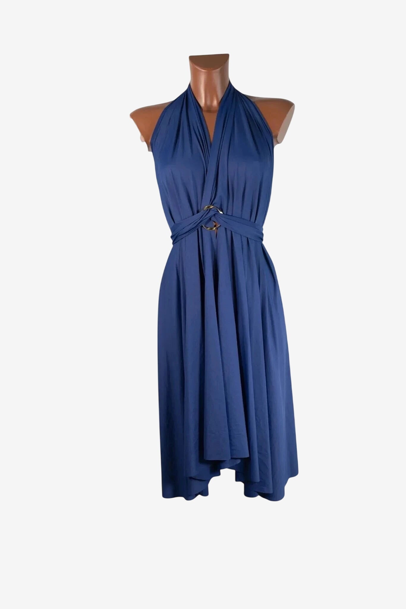 Abito midi blu Marette con scollo all'americana e dettaglio ad anello in vita.